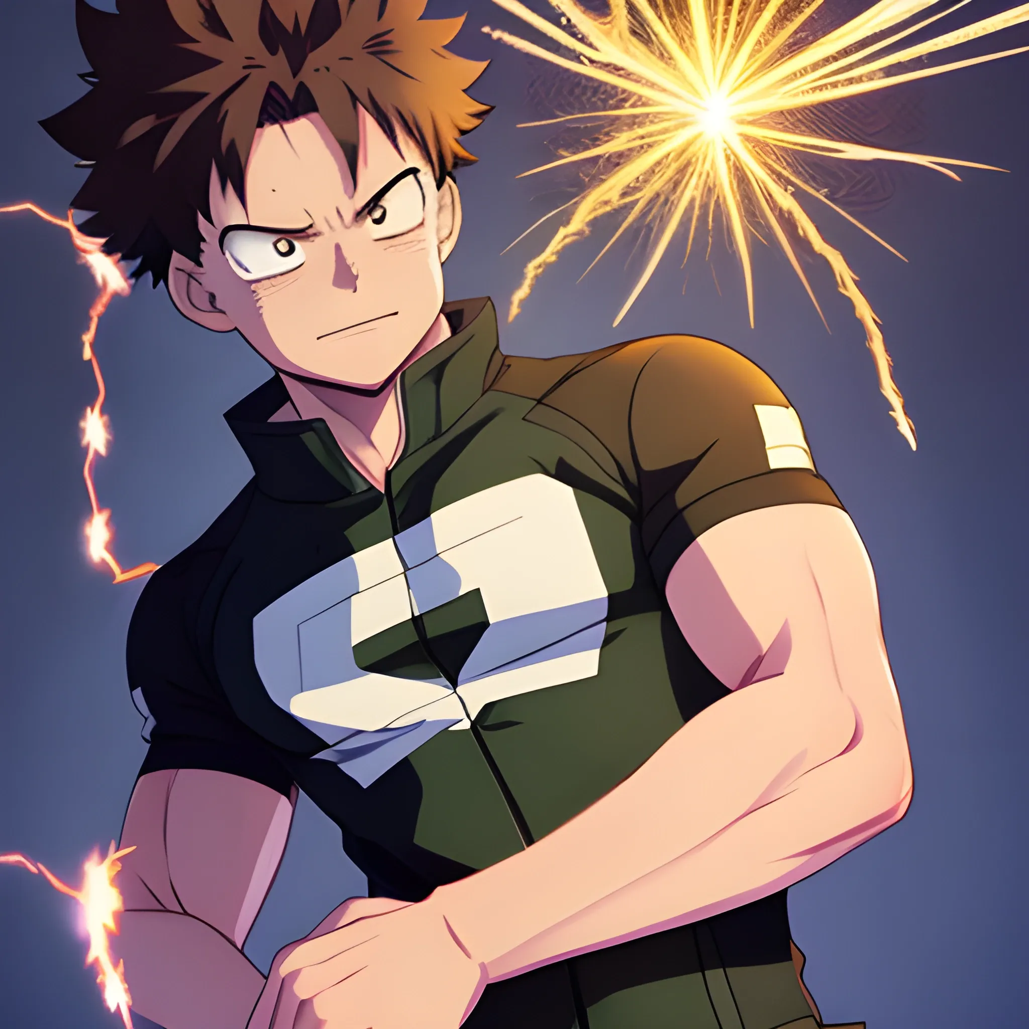 my hero academia male oc with brown hair and brown eyes and sparks coming out of hands looking melancholic