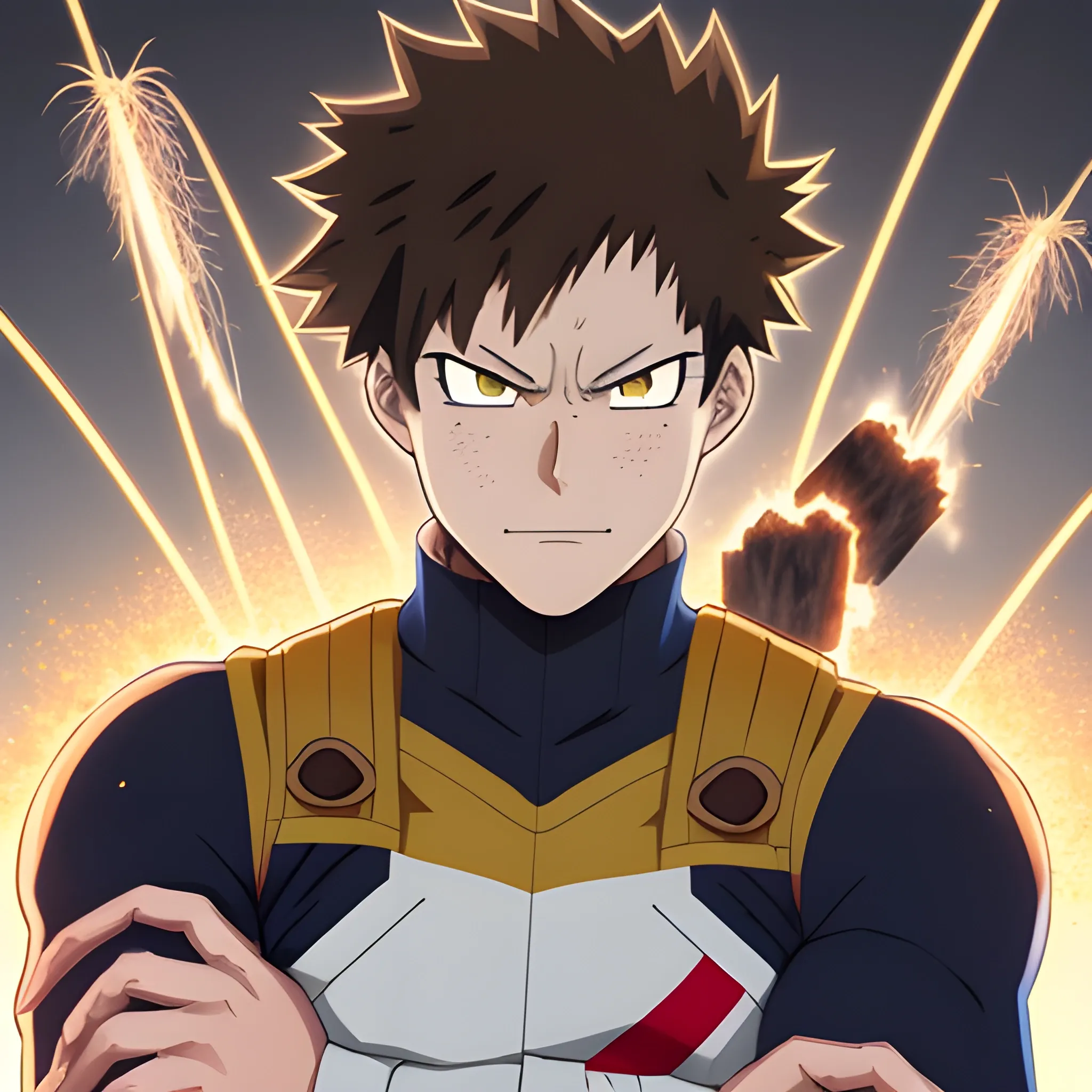 my hero academia male oc with brown hair and brown eyes and sparks coming out of hands looking melancholic