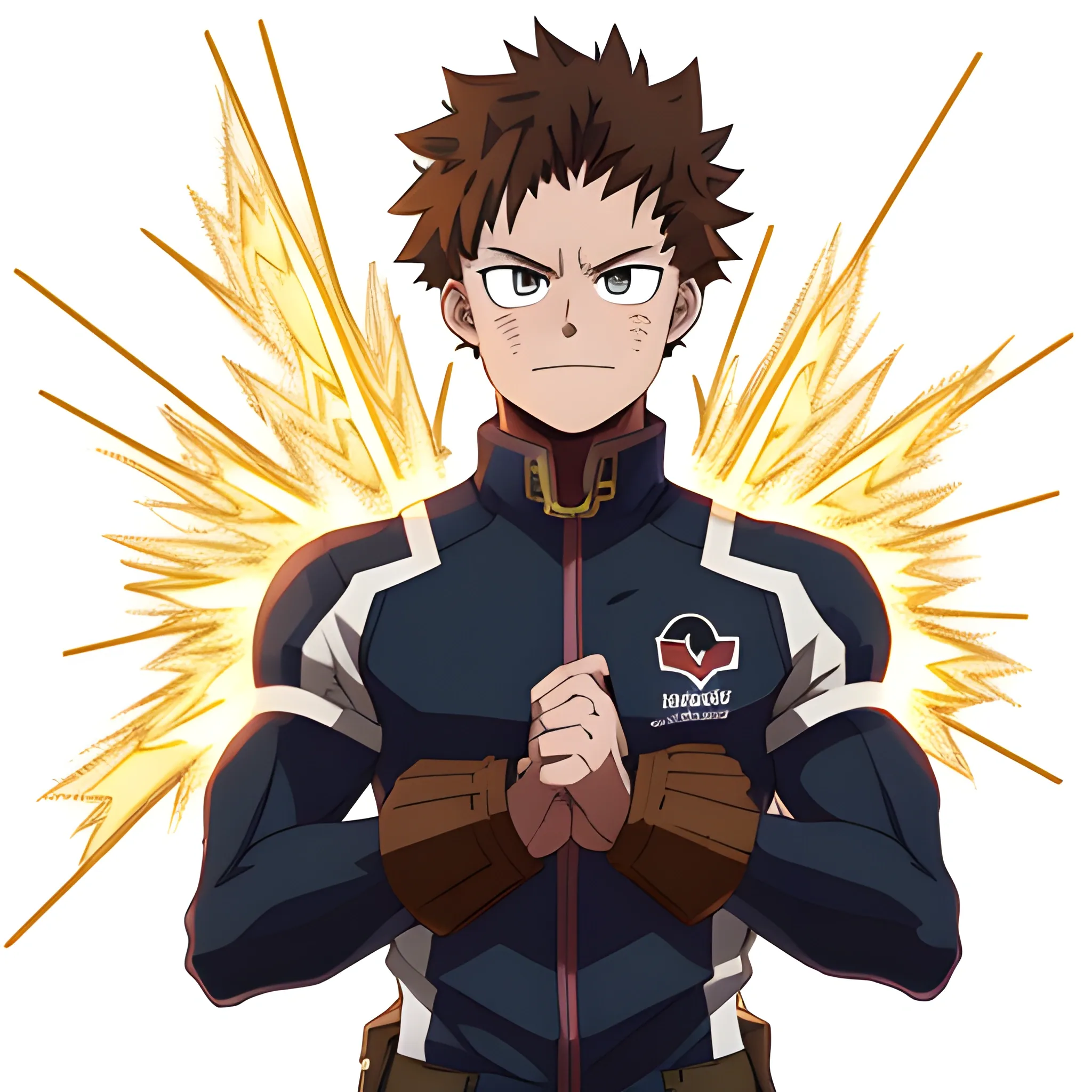 my hero academia male oc with brown hair and brown eyes and sparks around hands looking melancholic