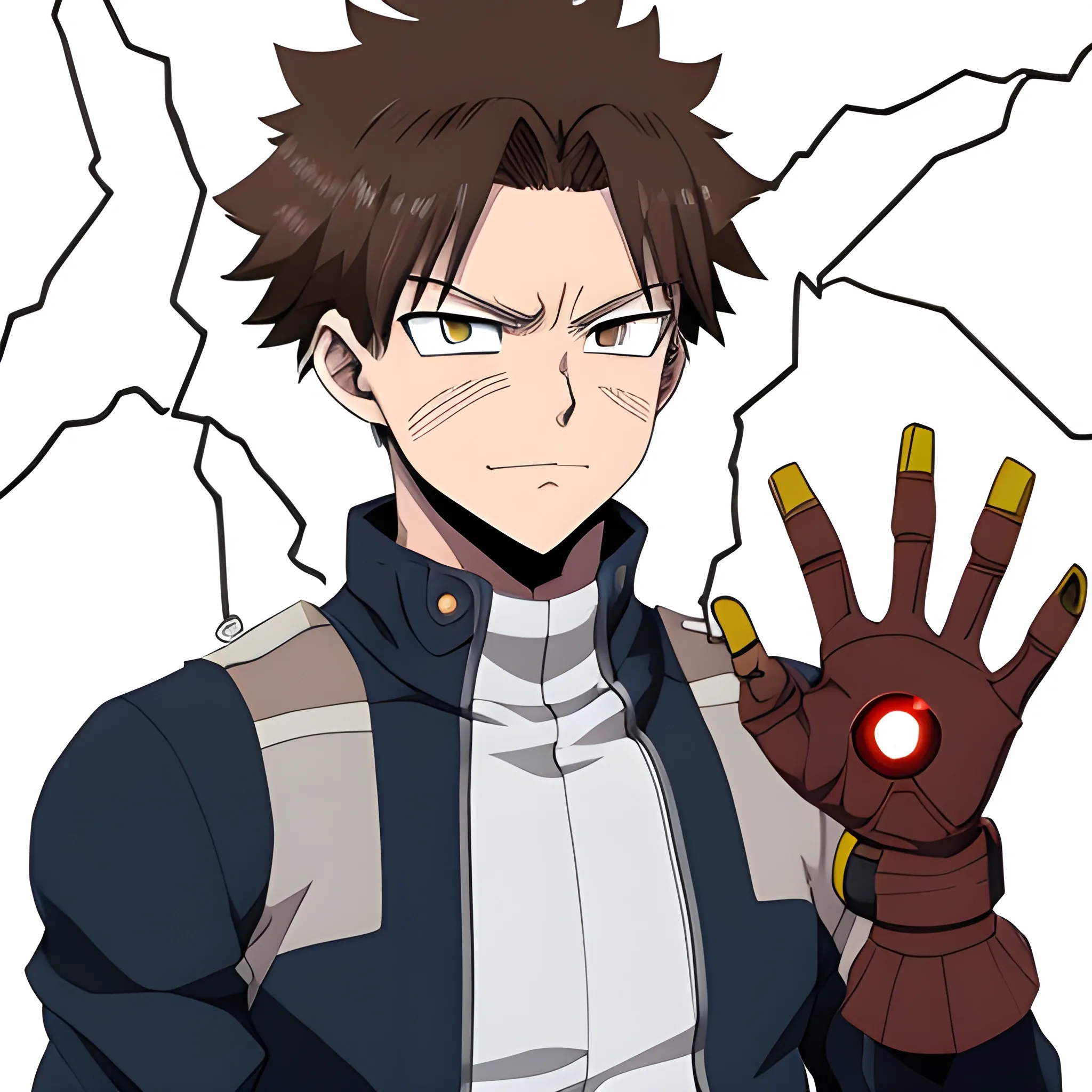 my hero academia male oc with brown hair and brown eyes and electricity around hands looking melancholic