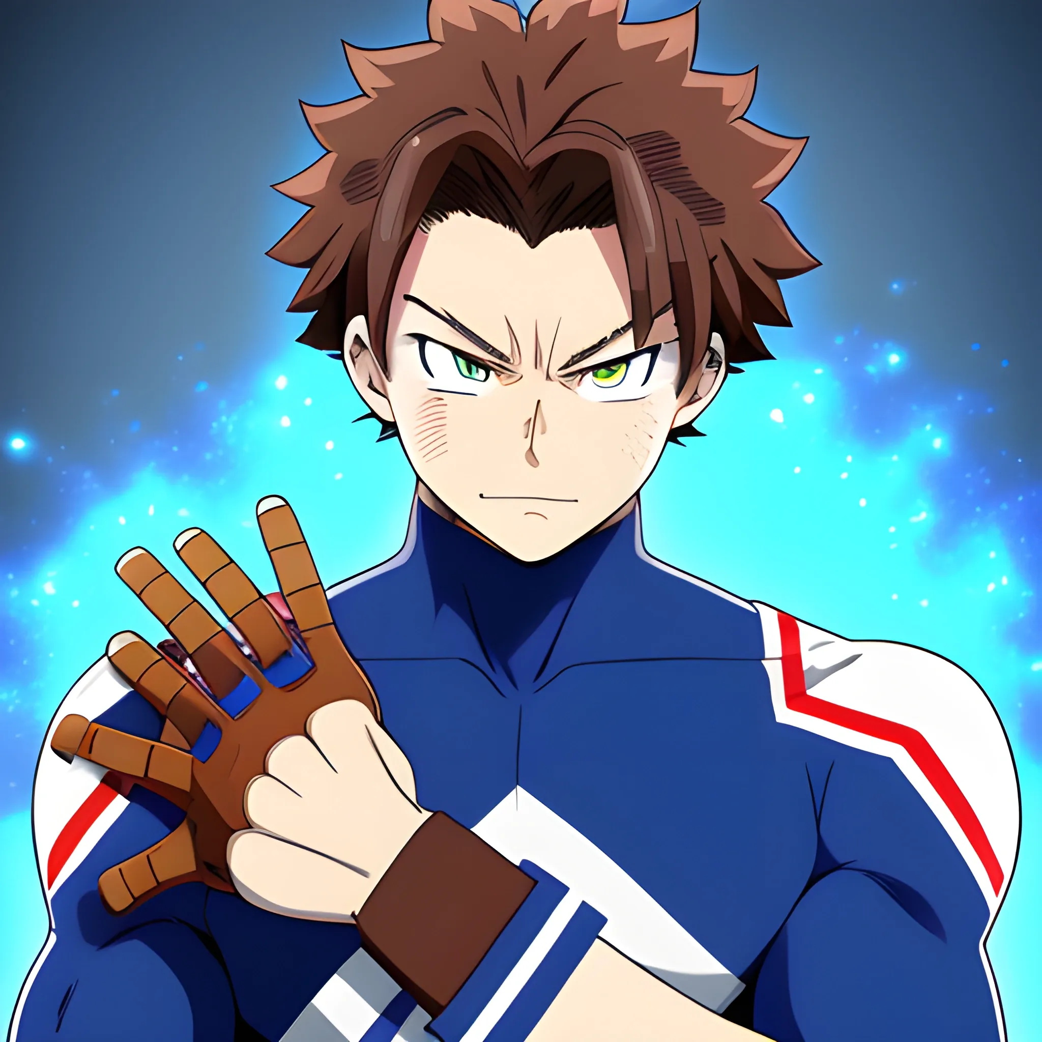 my hero academia male oc with brown hair and brown eyes and blue electricity around hands looking melancholic