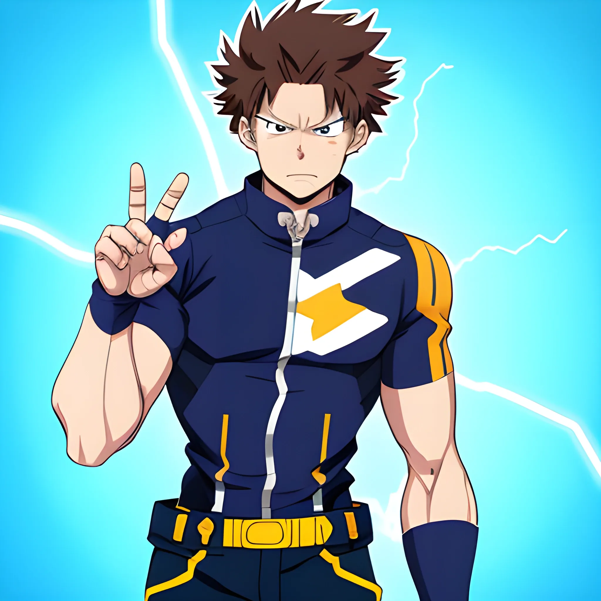 my hero academia male oc with brown hair and brown eyes and blue electricity around hands looking melancholic