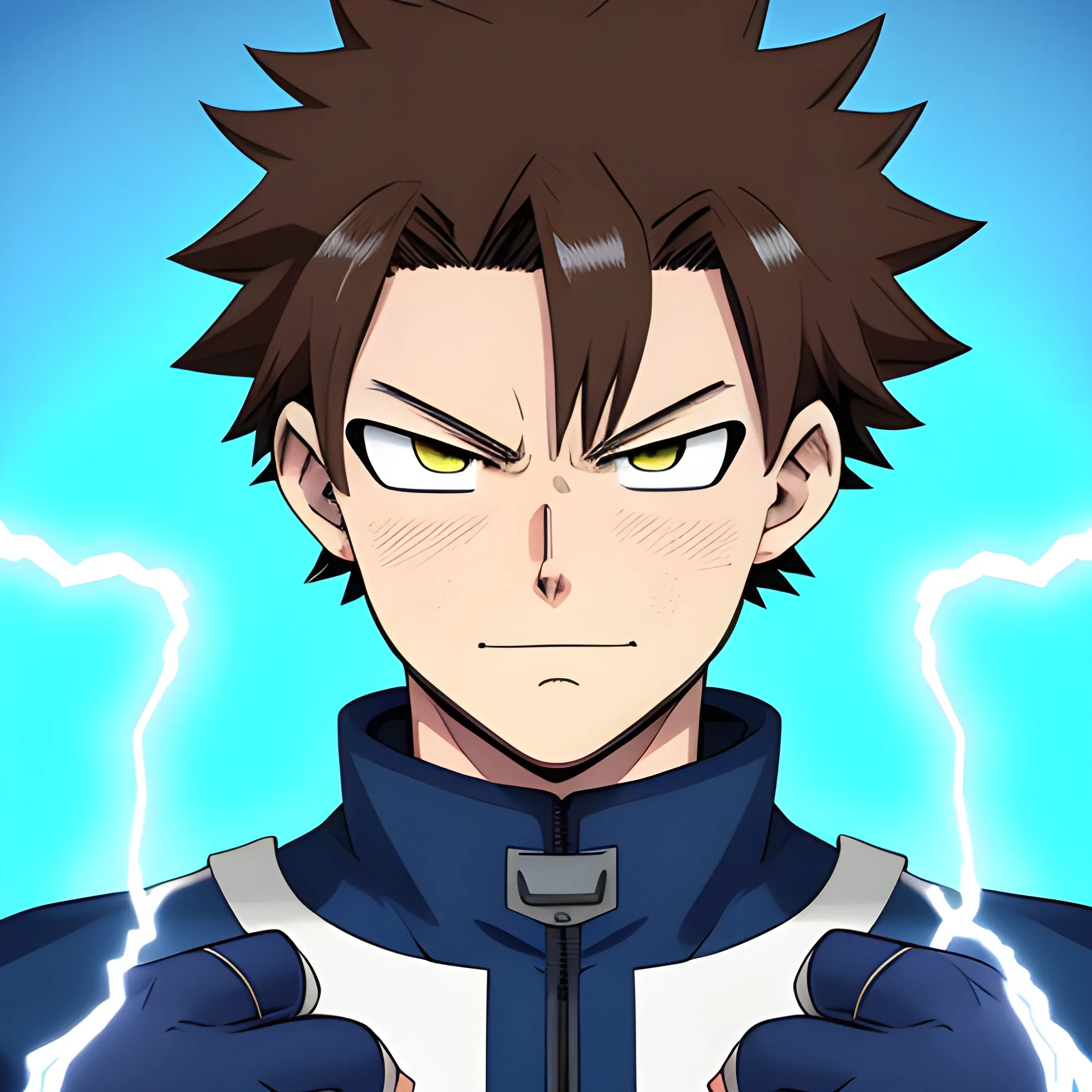 my hero academia male oc with brown hair and brown eyes and blue electricity around hands looking melancholic
