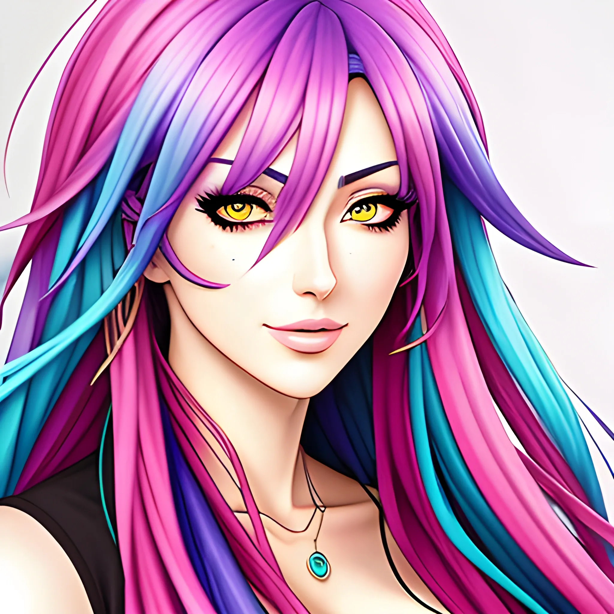 A young online freelancing girl, colorful anime decoration, hyper-realistic portrait style 