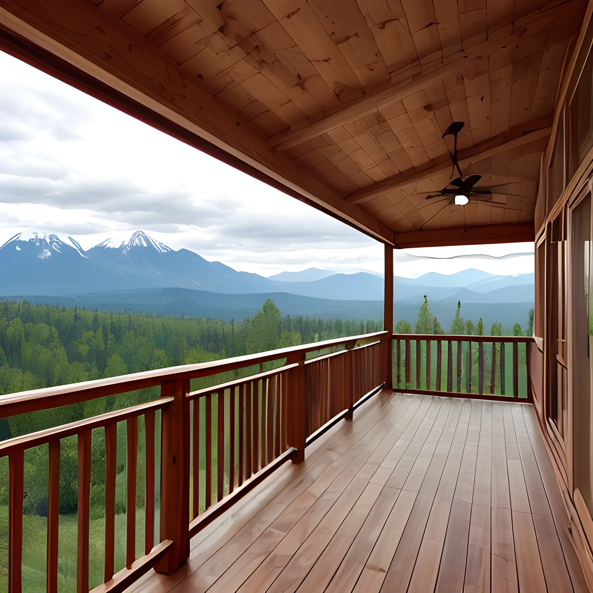 overlooking a wooden deck with a view of mountains in the backdrop