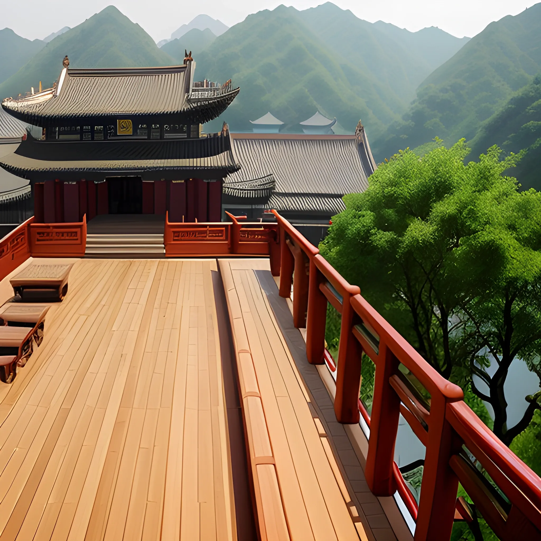 overlooking a traditional chinese 
wooden deck