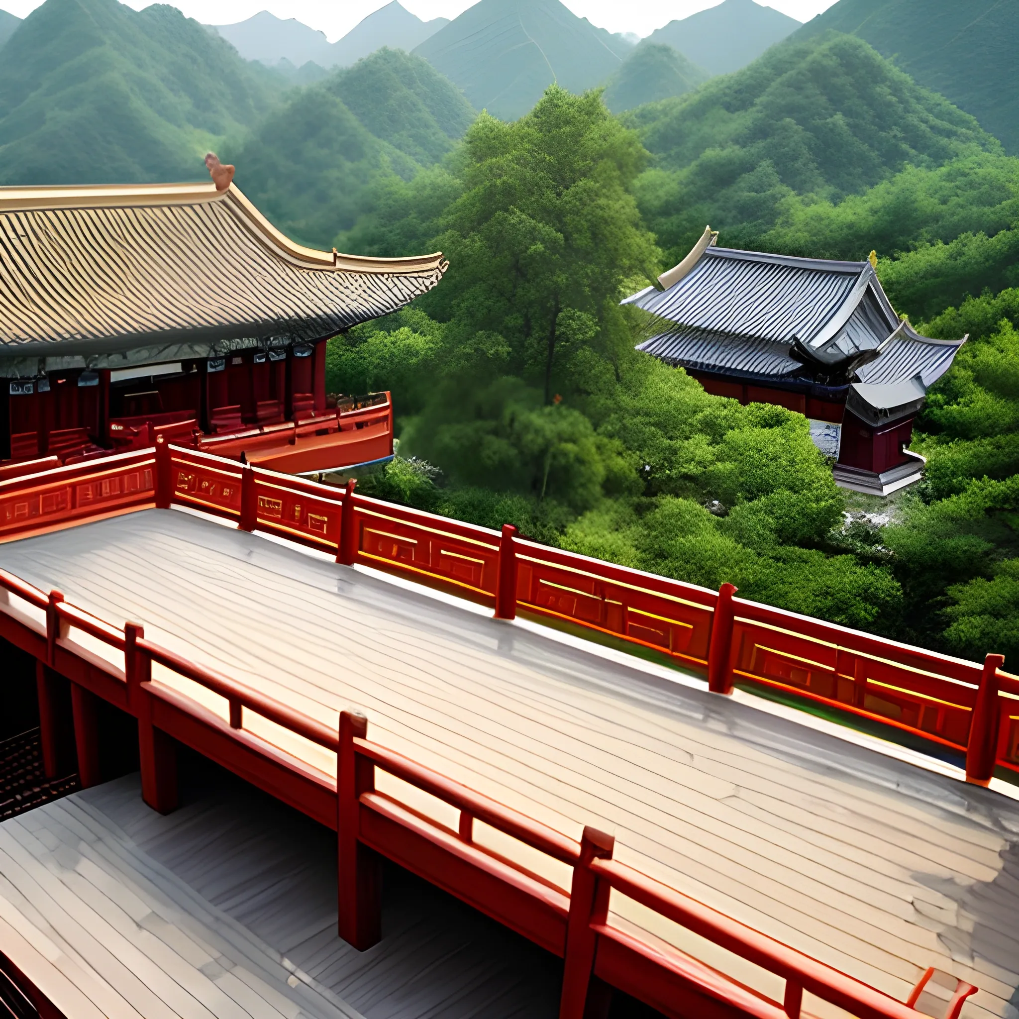 overlooking a traditional chinese 
wooden deck