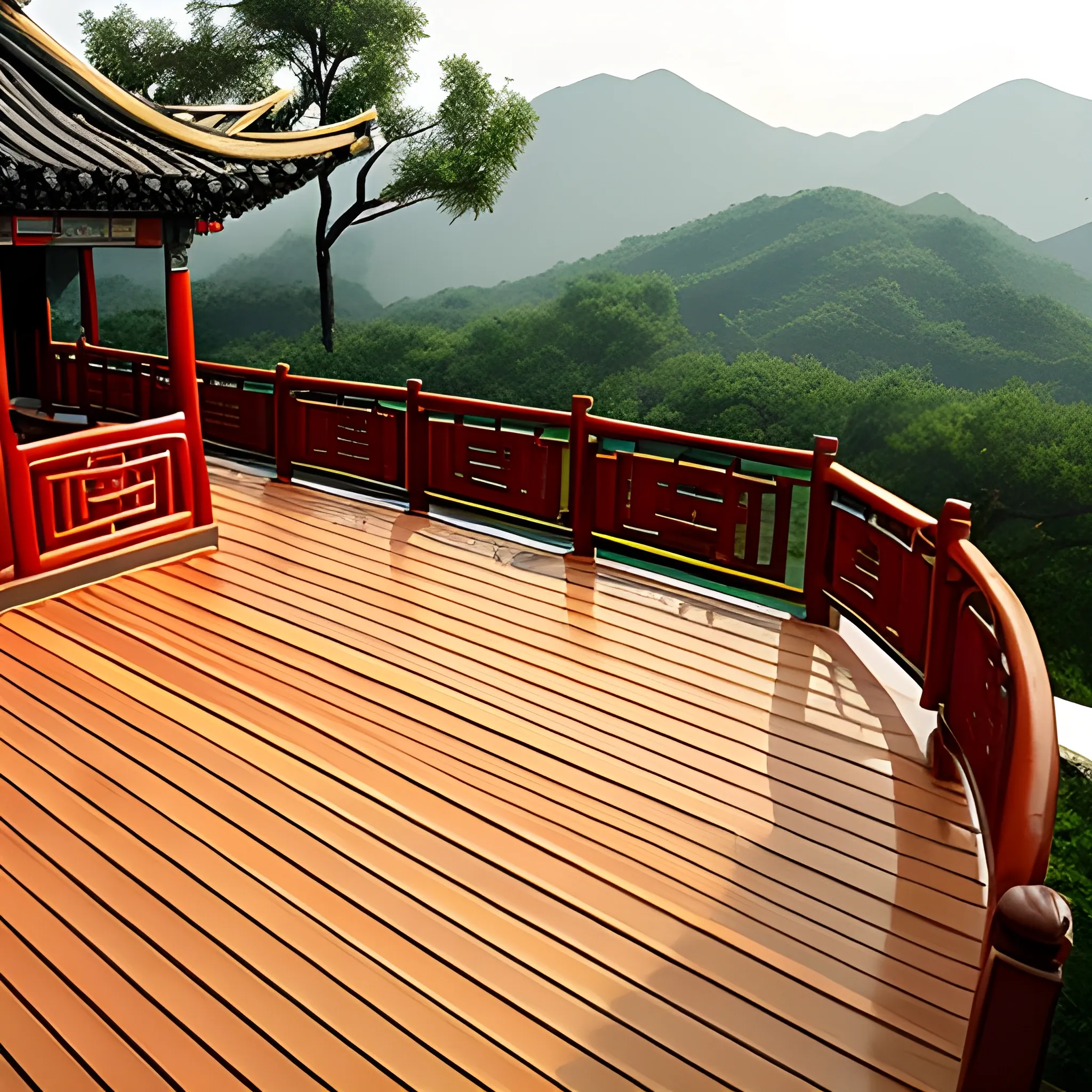 overlooking a traditional chinese 
wooden deck