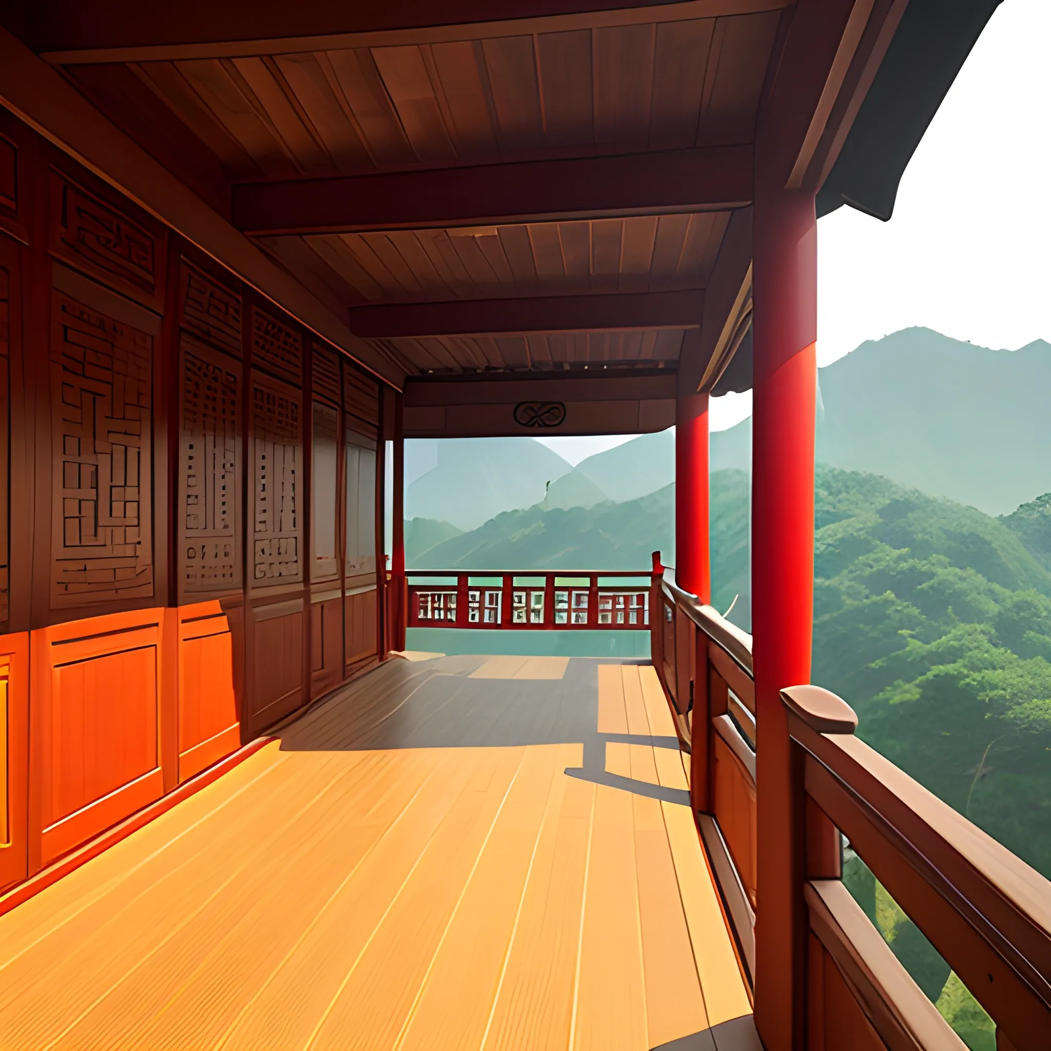 overlooking a traditional chinese 
wooden deck