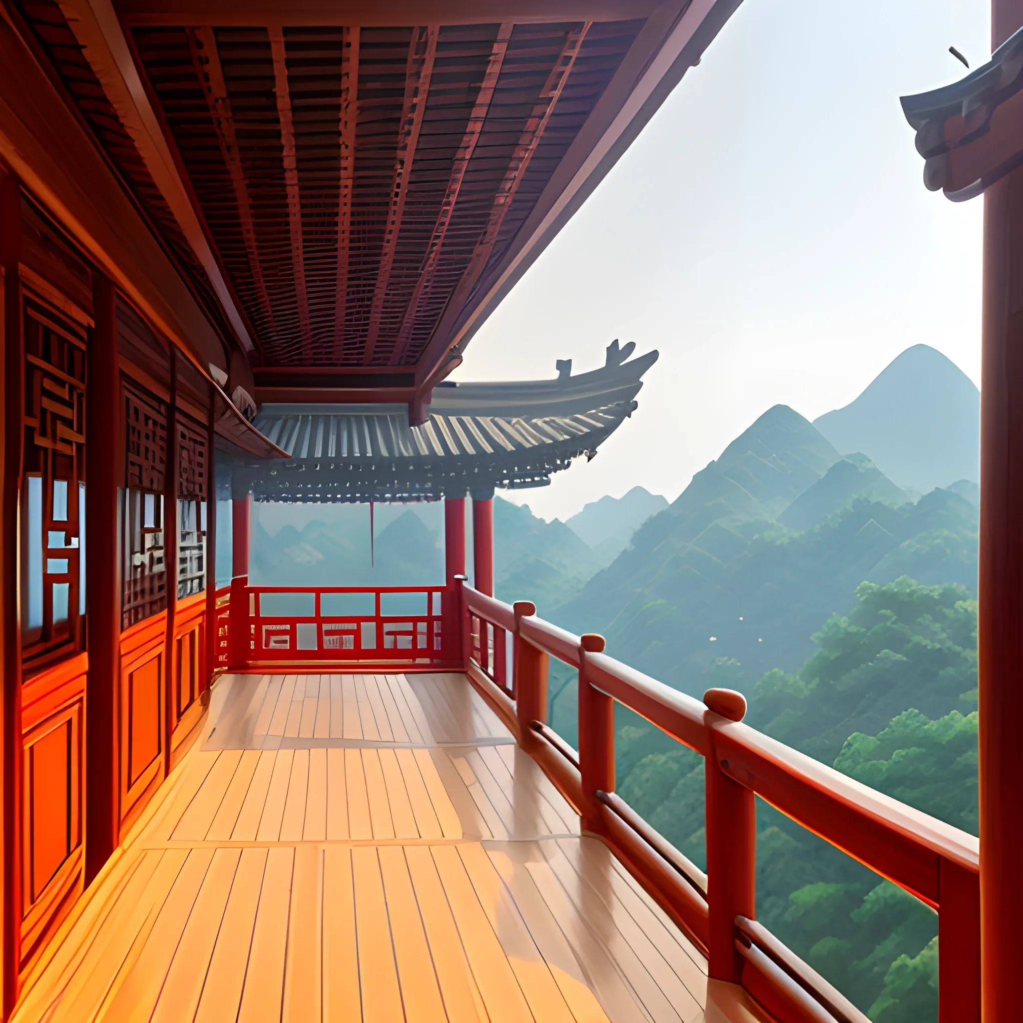 looking out from a traditional chinese 
wooden deck