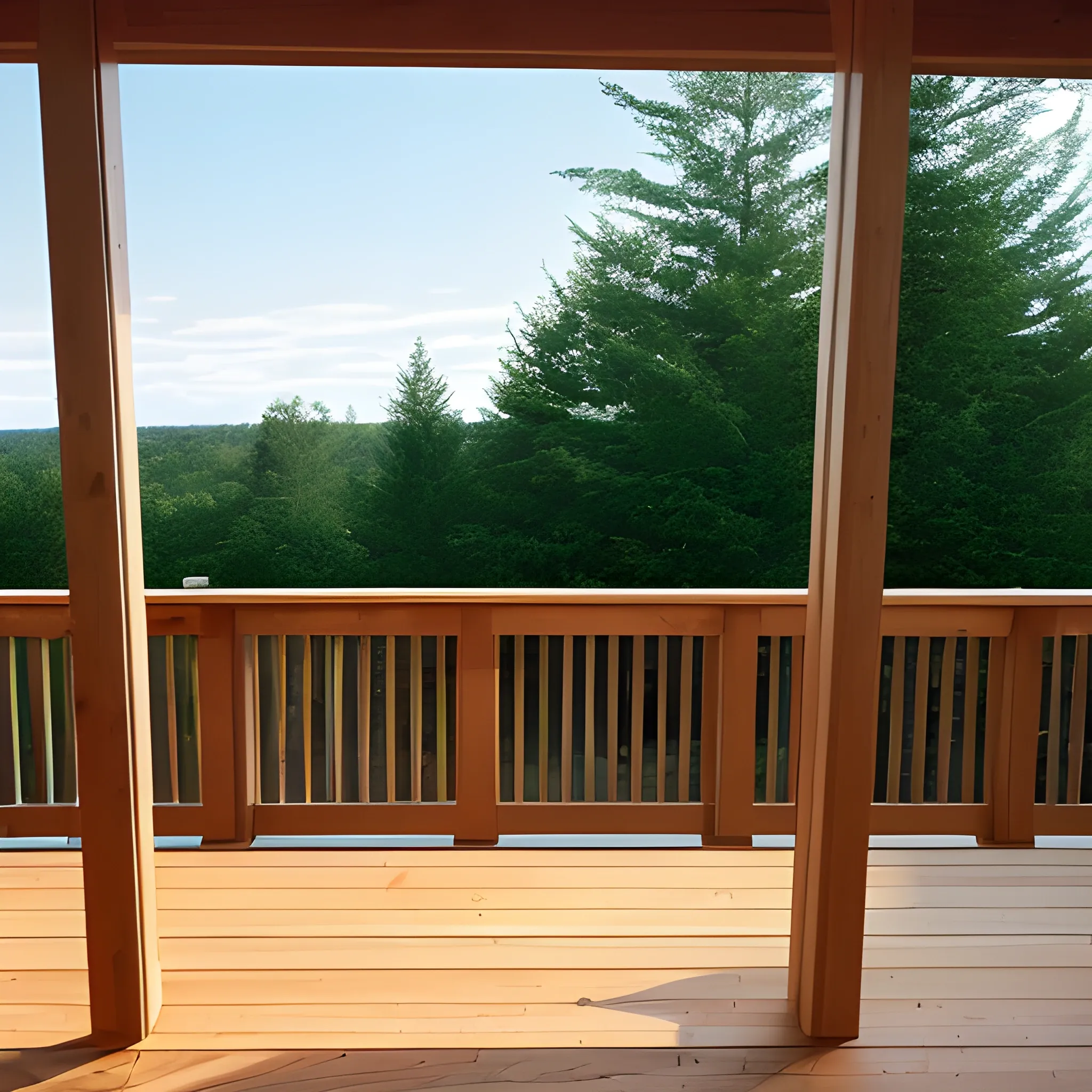 seeing a view from a wooden deck from the perspective of me standing on the outside looking outward