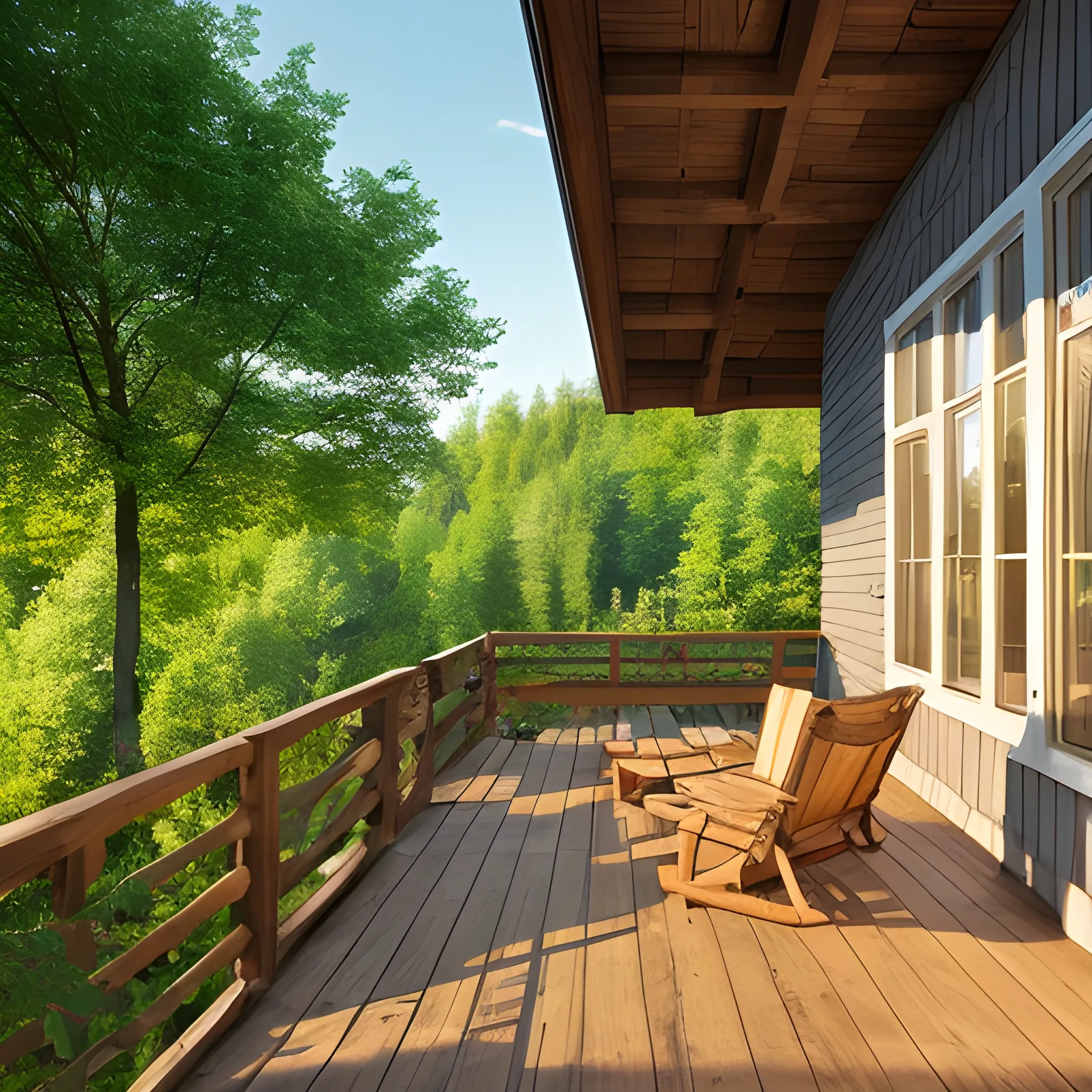 Morning nature landscape on a wooden terrace
