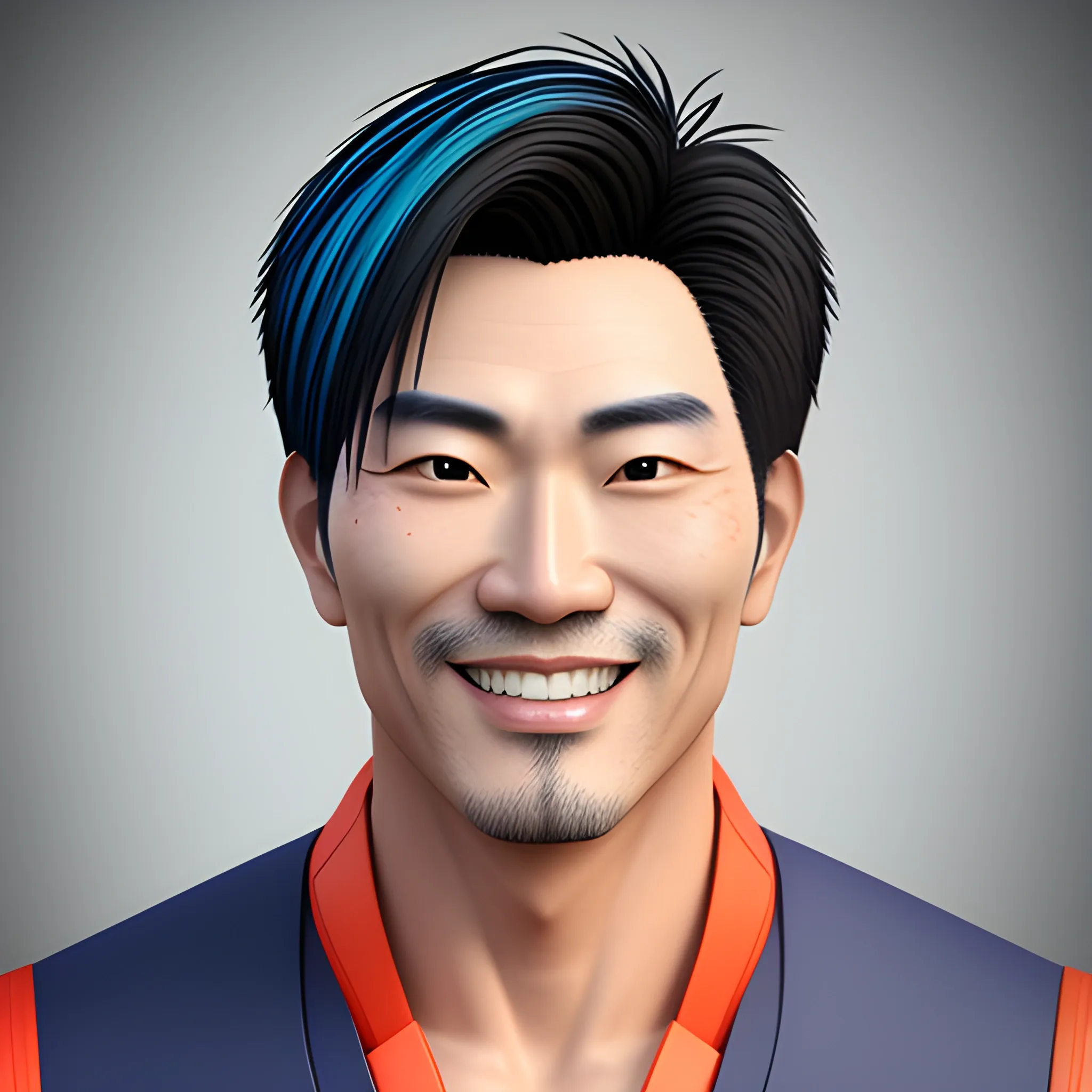 Portrait of a cheerful young asian guy with colorful anime decoration, hyper-realistic, 3D rendered, facing forward, clear skin