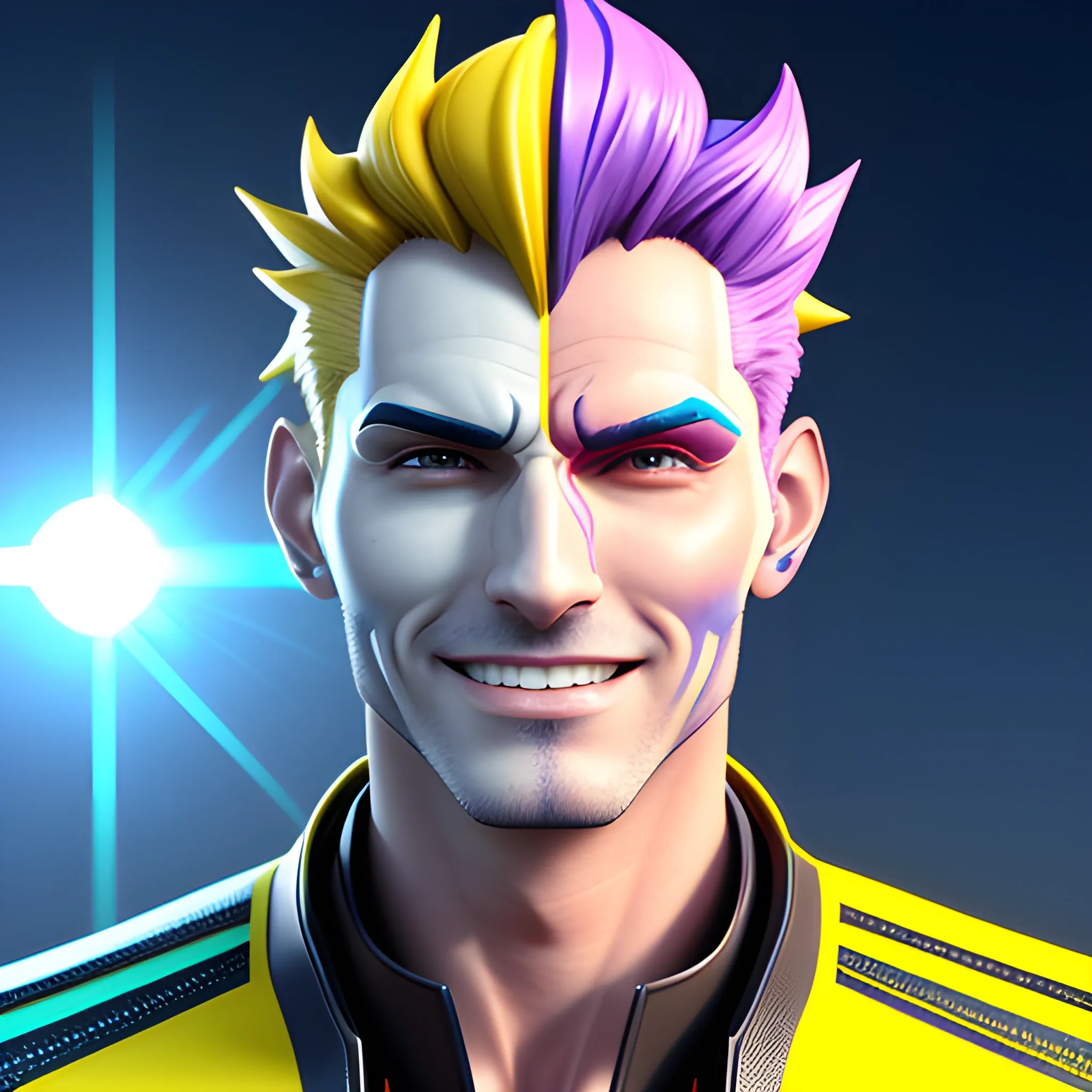Portrait of a cheerful young futuristic guy with colorful anime decoration, hyper-realistic, 3D rendered, facing forward, clear skin