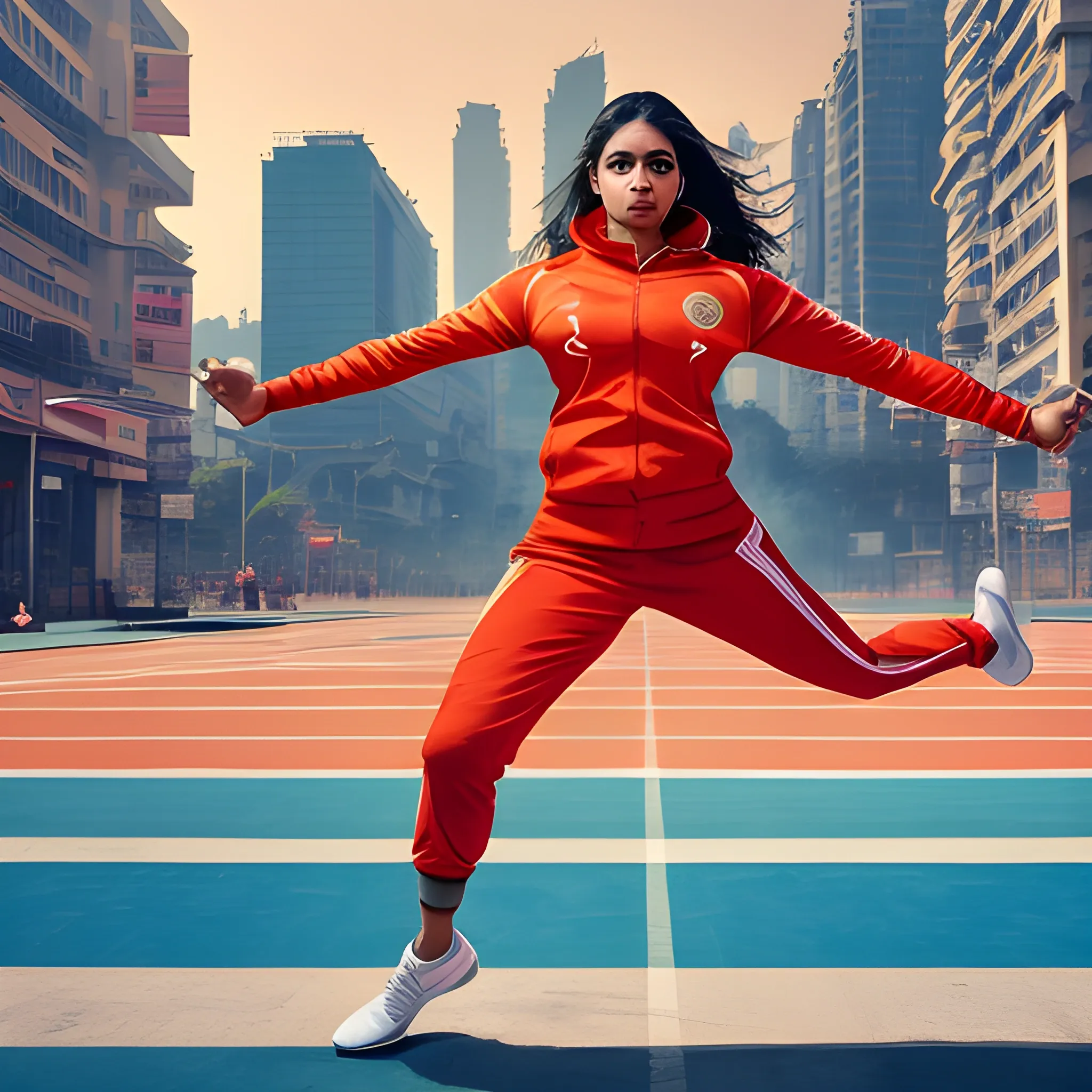 Sports superwomen, wearing a tracksuit, spread Indian flag wings, city street background, full body shot, motion speed,, HD