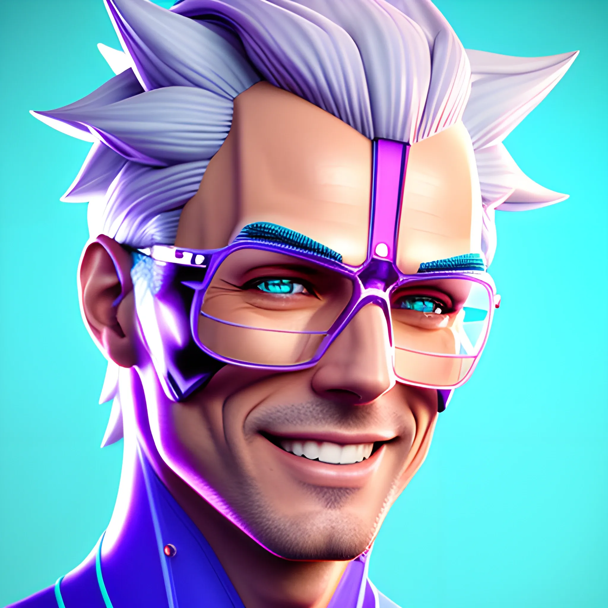Portrait of a cheerful young futuristic guy with colorful anime decoration, hyper-realistic, 3D rendered, facing forward, clear skin, glass skin
