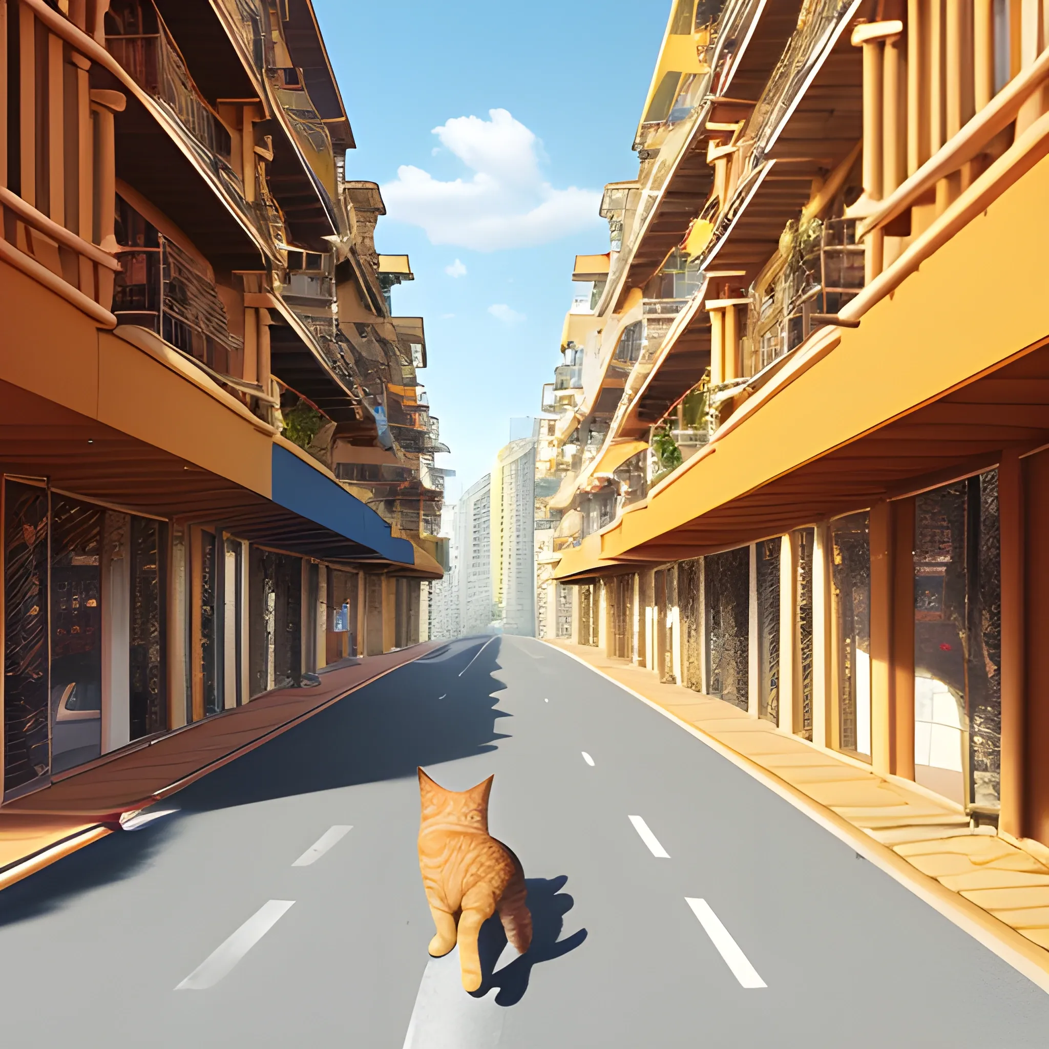 The running kitten, orange, is running towards the camera, with all four legs off the road while running, with a cheerful expression. Sunlight shines from behind the cat. The cat is about half a meter away from the camera; there are two rows of European-style kittens on both sides of the road. Building, there are many shops on the first floor of the building, and many balconies on the second floor, Cartoon