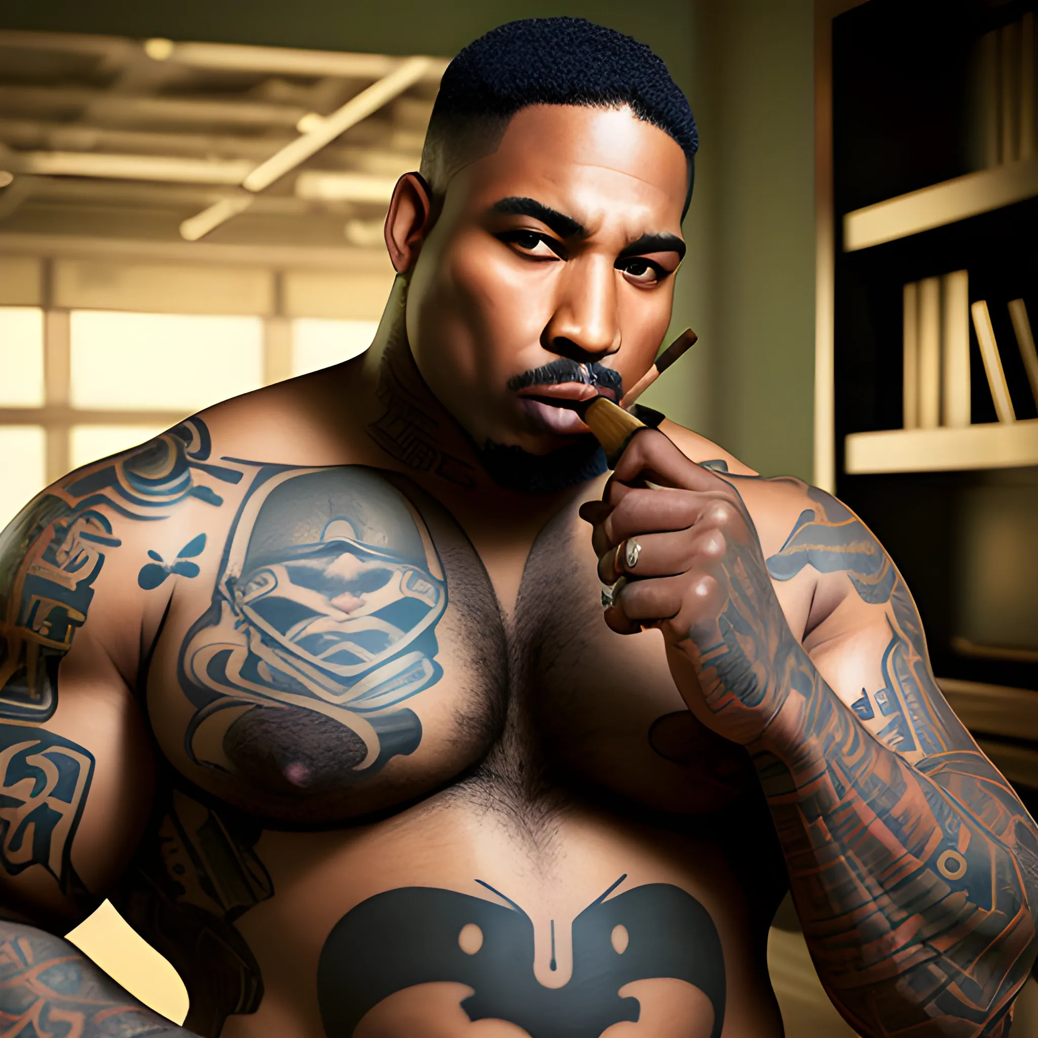 Tattooed gangster black  man with huge body dressed in an army cloth smoking cigar, very detailed