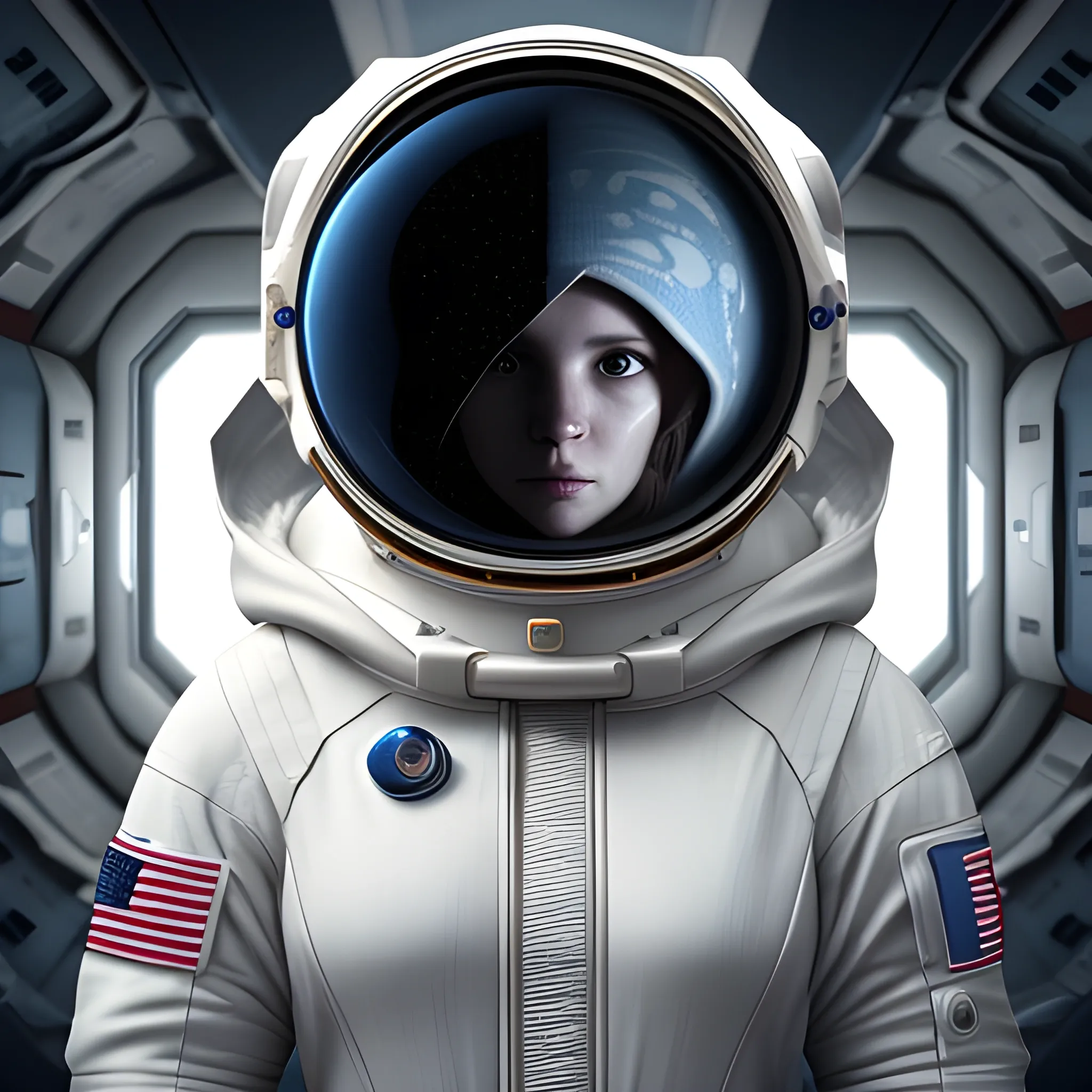 The image features a woman wearing a white hooded outfit, which appears to be a spacesuit. She is standing in a dark room, possibly a space station. The woman is looking directly at the camera, with her face prominently visible in the foreground. The spacesuit has a visor, which is open, allowing the viewer to see her face clearly. The scene gives off a futuristic and space-themed atmosphere., 3D