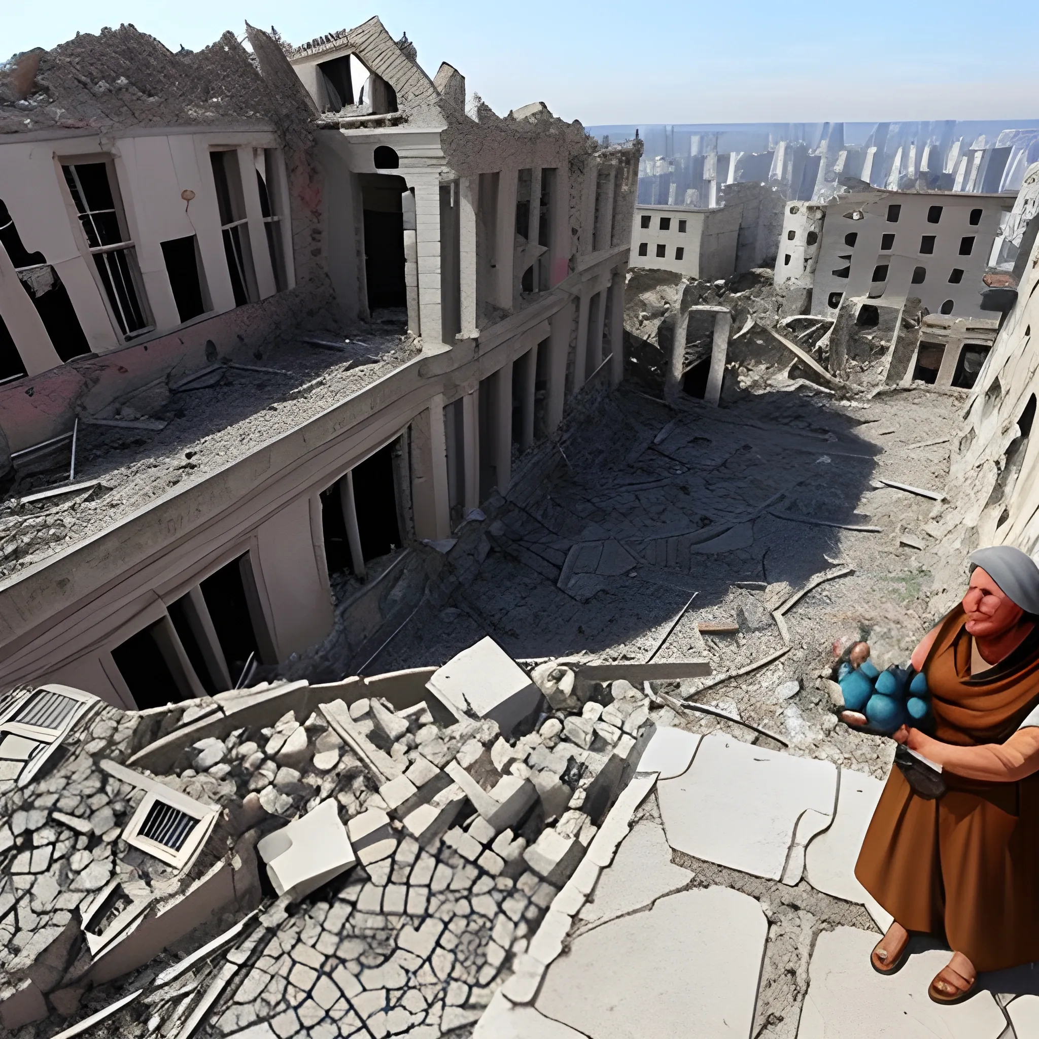 Collapsed buildings during the war, suffering children in the ruins, and perseverance holding a doll