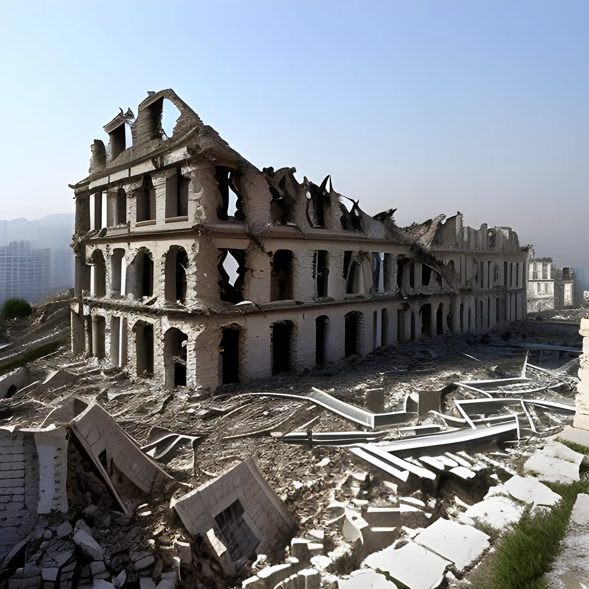 Collapsed buildings during the war, suffering children in the ruins, and perseverance 