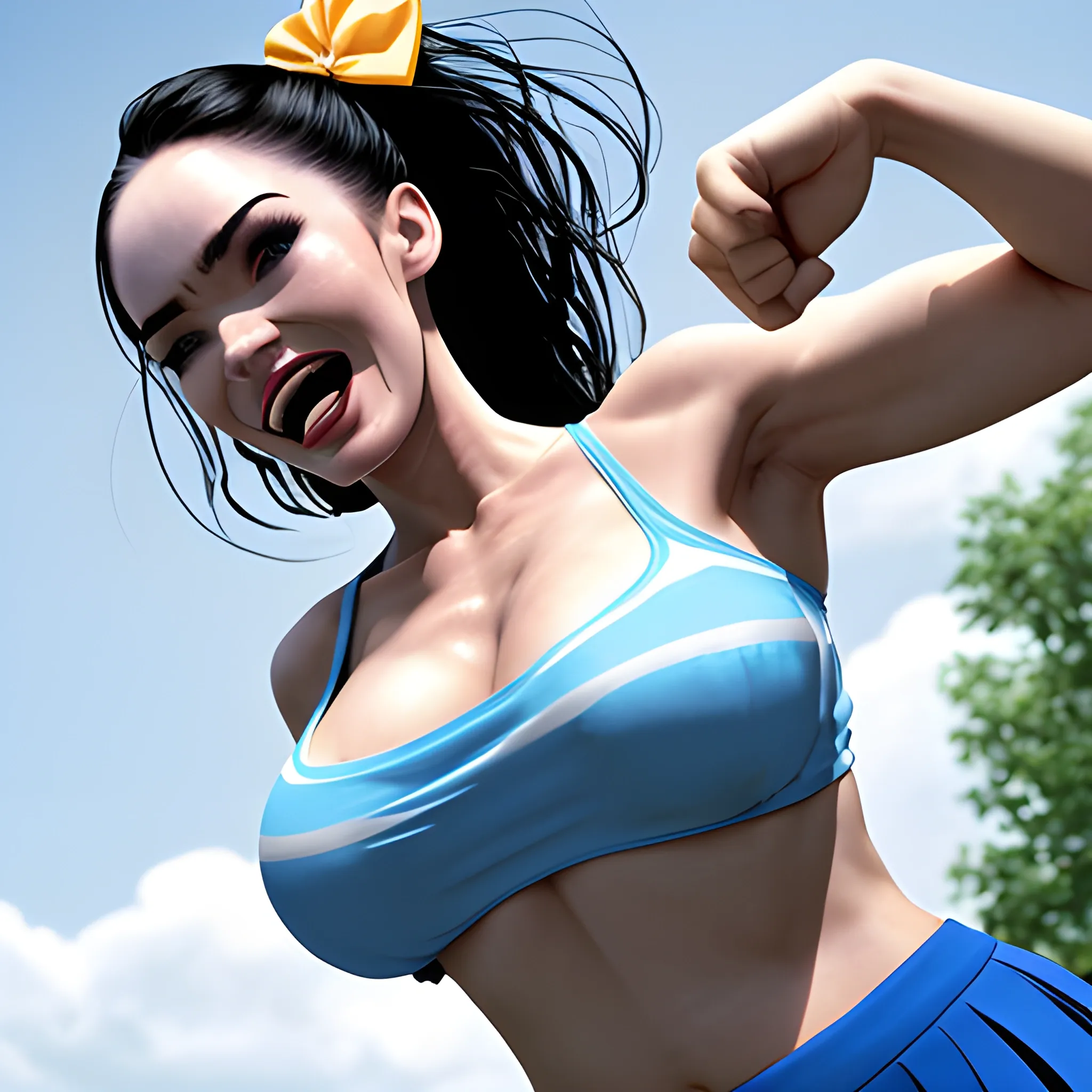 A cute 21 year old female with gigantic breasts wearing loose crop top cheerleader outfit and pleated skirt with underboob smiling with blue skies viewed ((from below)),(Megan Fox):1 Negative prompt: Asian, Bra, out of frame, lowres, error, cropped, worst quality, low quality, jpeg artifacts, ugly, duplicate, morbid, mutilated, out of frame and, extra fingers, mutated hands, poorly drawn hands, poorly drawn face, mutation, deformed, blurry, dehydrated, bad anatomy, bad proportions, extra limbs, cloned face, disfigured, gross proportions, malformed limbs, missing arms, missing legs, extra arms, extra legs, fused fingers, too many fingers, long neck, username, watermark, signature