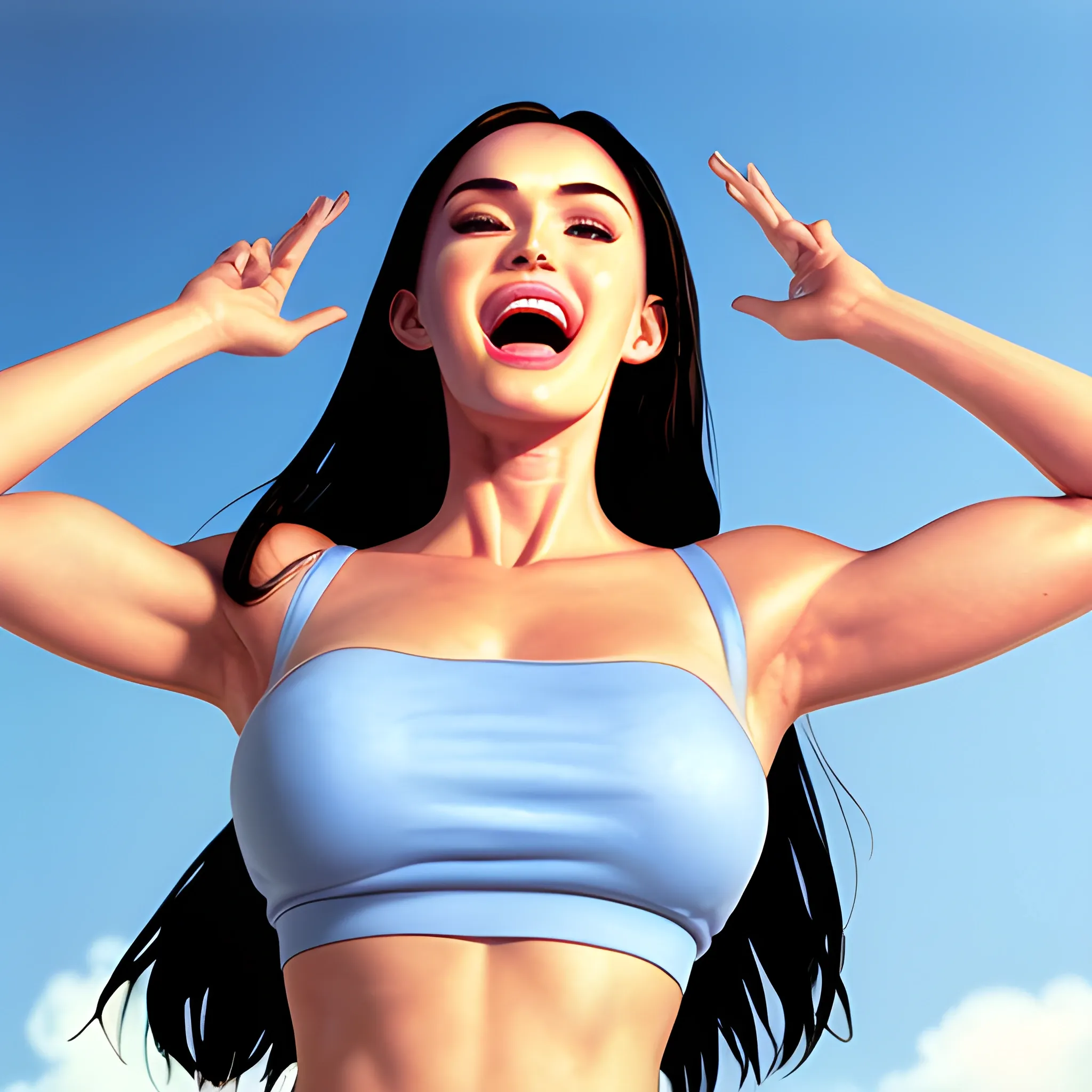 A cute 21 year old female with gigantic breasts wearing loose crop top cheerleader outfit and pleated skirt with underboob smiling with blue skies viewed ((from below)),(Megan Fox):1 Negative prompt: Asian, Bra, out of frame, lowres, error, cropped, worst quality, low quality, jpeg artifacts, ugly, duplicate, morbid, mutilated, out of frame and, extra fingers, mutated hands, poorly drawn hands, poorly drawn face, mutation, deformed, blurry, dehydrated, bad anatomy, bad proportions, extra limbs, cloned face, disfigured, gross proportions, malformed limbs, missing arms, missing legs, extra arms, extra legs, fused fingers, too many fingers, long neck, username, watermark, signature