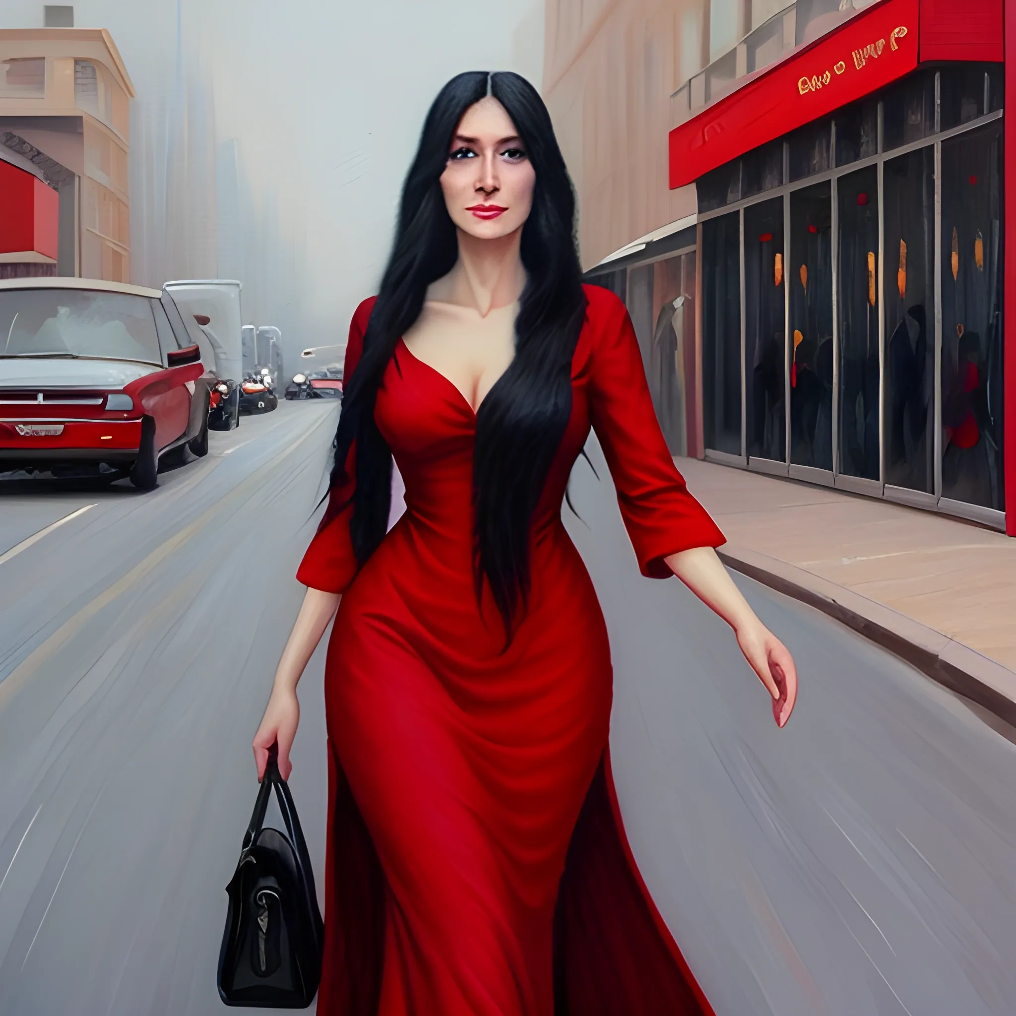 A 40-year-old young woman with long black hair, an innocent and beautiful face, wearing an red long dress, walking on the street, oil painting style