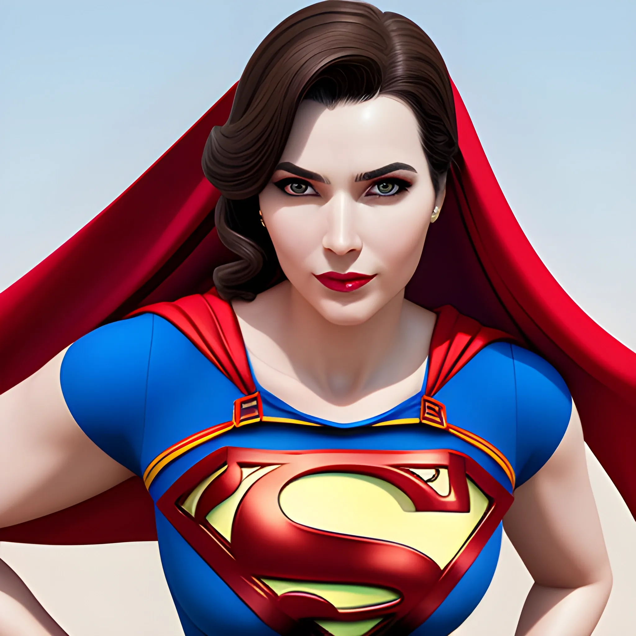 An elegant lady wearing a Superman costume, eye-catching detail, realistic ultra-detailed