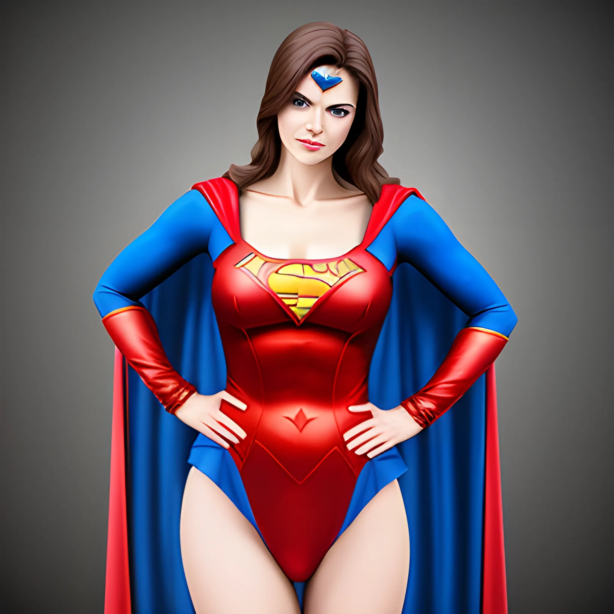 An elegant lady wearing a Superman costume, eye-catching detail, realistic ultra-detailed