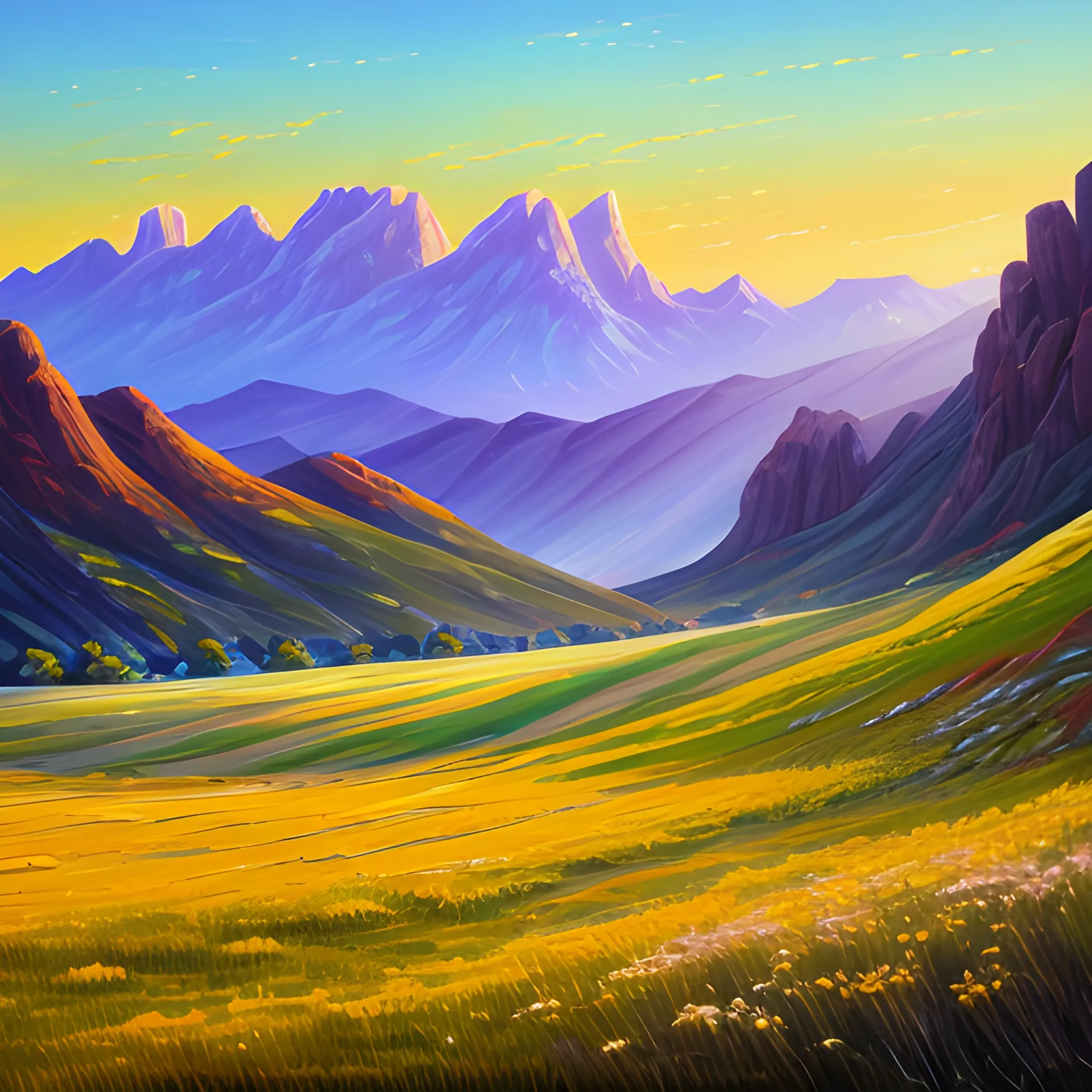 open grasslands and mountains，handpaint,8k,--ar 4:1 --uplight, Oil Painting
