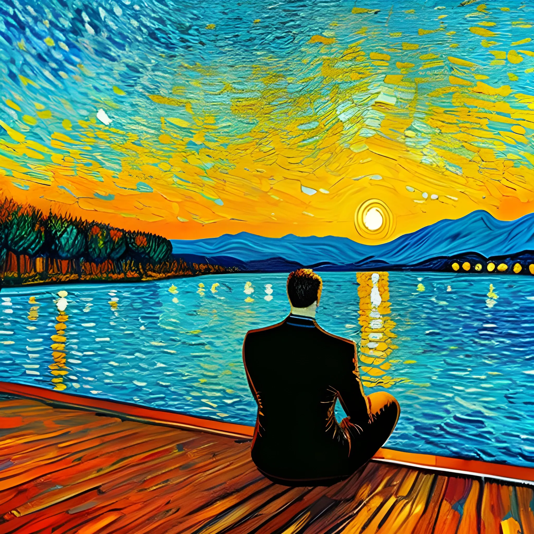A boy sitting on lake, watching sunsets, in Van Gogh art style , Oil Painting