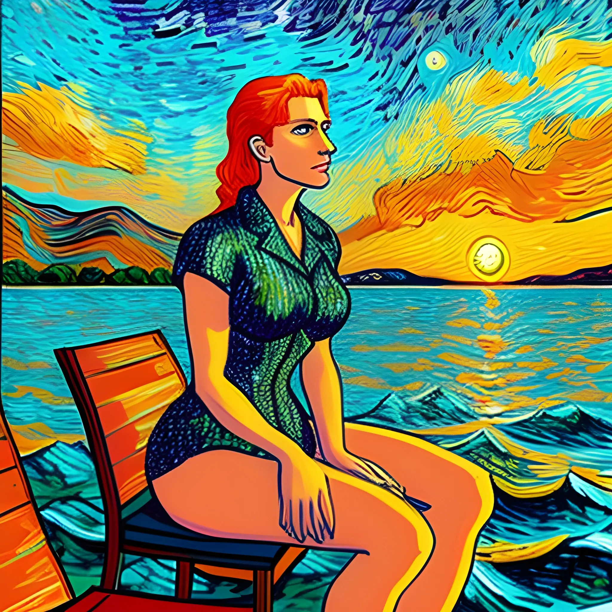 A girl sitting on lake, watching sunsets, in Van Gogh art style 