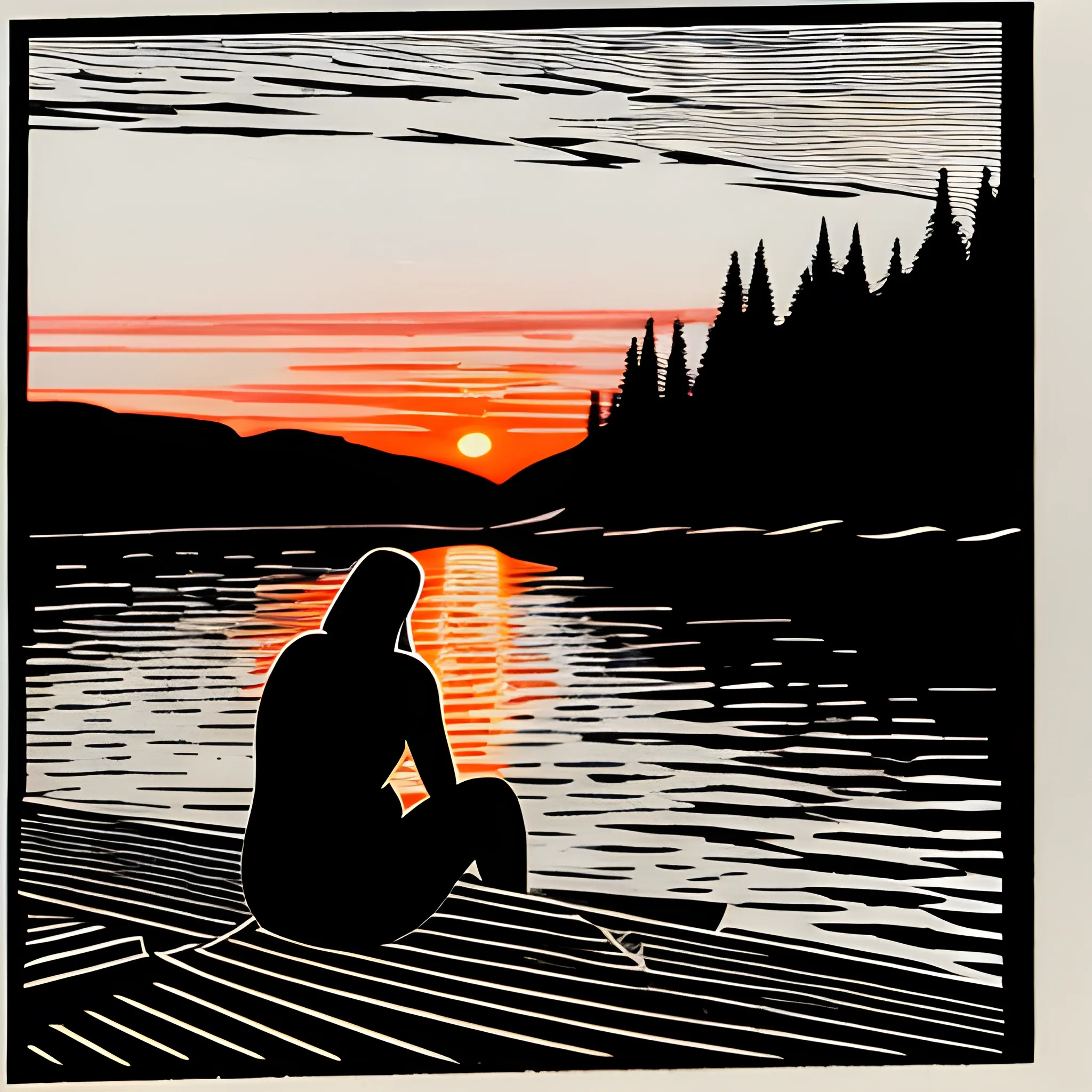 A girl sitting on lake, watching sunsets, black and white woodcut