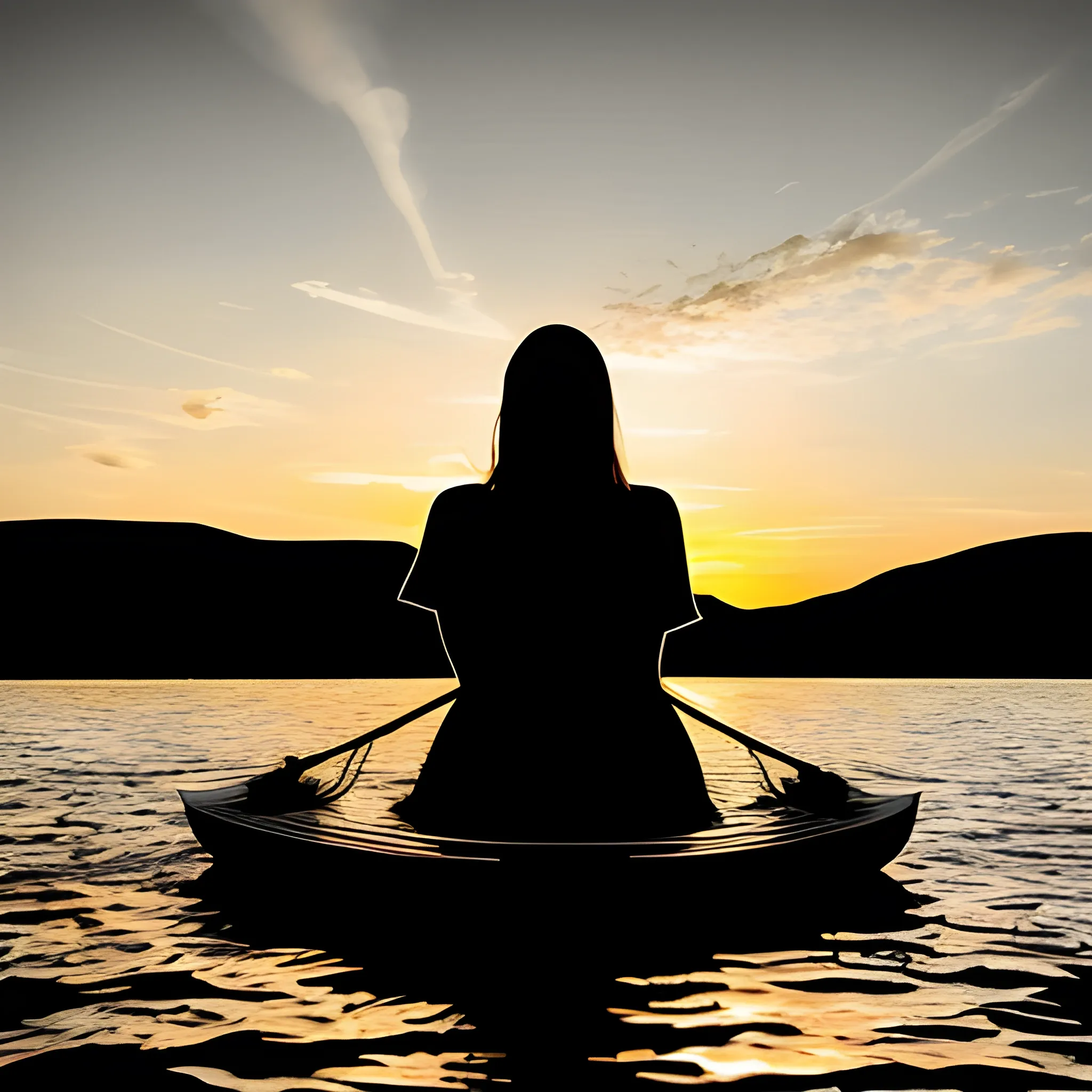 A girl sitting on lake, watching sunsets, black and white woodcut