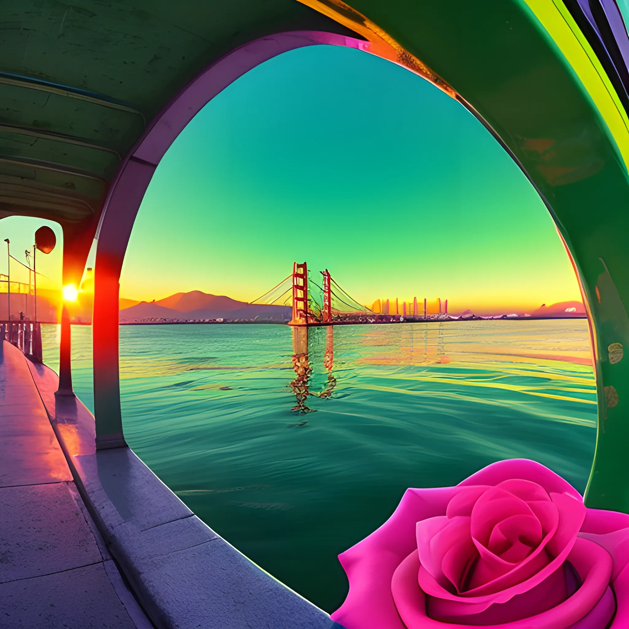 vista de un amanecer desde un embarcadero con cesped verde y rosas amarillas, Trippy