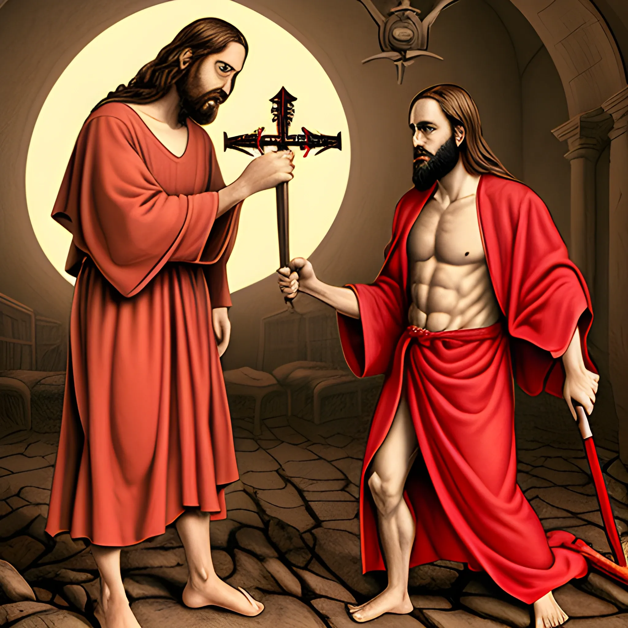 Robe clothed Jesus with King James Bible in hand fighting red scaly demon Satan with pitchfork in hand on large plain.