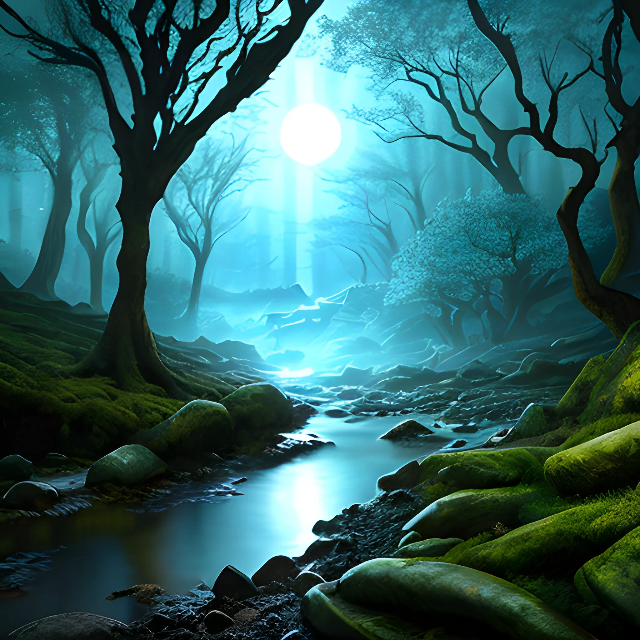 ancient elvish forest with a stream and a small clearing under moonlight