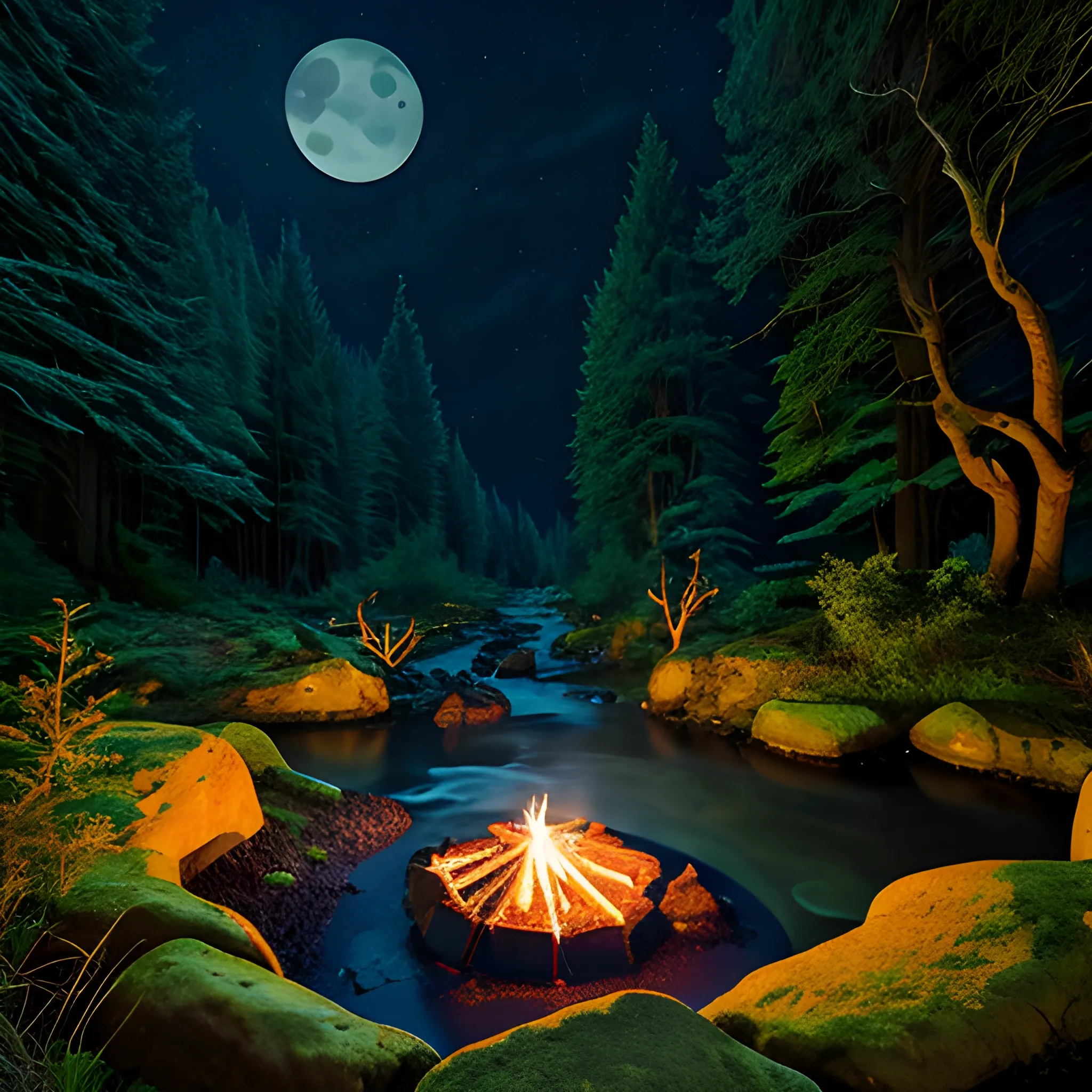 ancient elvish forest with a small stream and a clearing under moonlight and a small campfire
