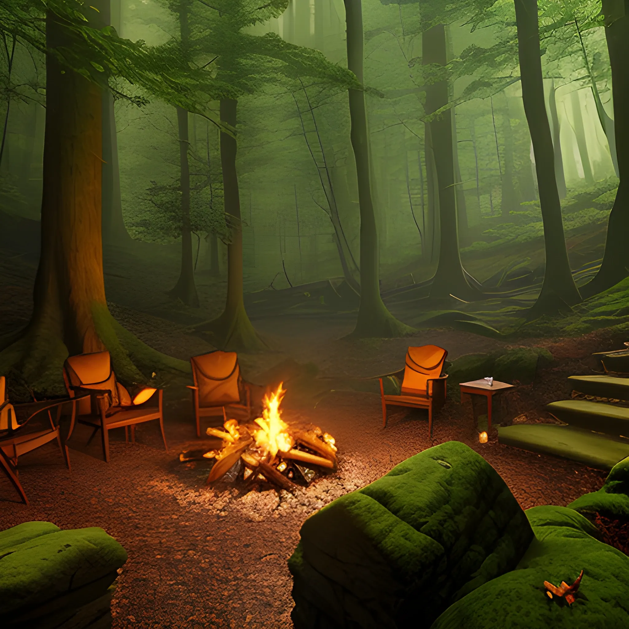 ancient elvish forest with a small campfire in a clearing, a small stream to the side