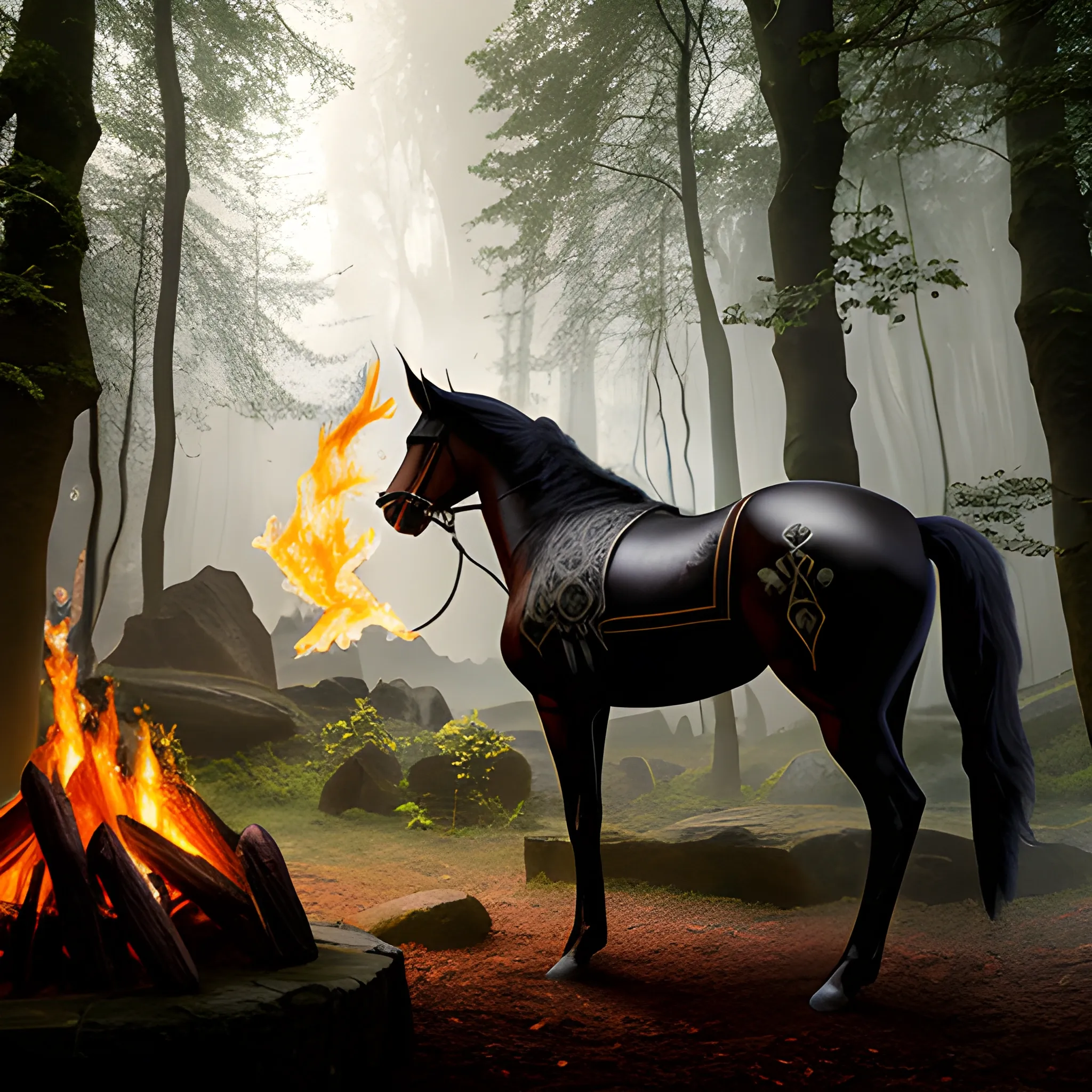 ancient elvish forest with a small man made fire in a clearing, two fur bedrolls, a black stallion with a white intricately designed elvish saddle