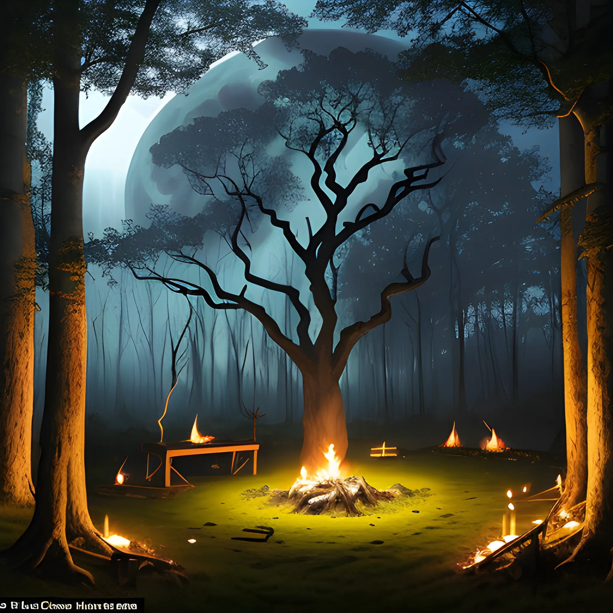 In a small clearing in the ancient elven woods, there was a small clearing. Perfect for setting up camp for the night. A small fire was set up in the centre of the clearing and the black stallion was tied to a tree not far from the fire. The moon shone from above the tree tops, casting moonlight onto the ground below. 