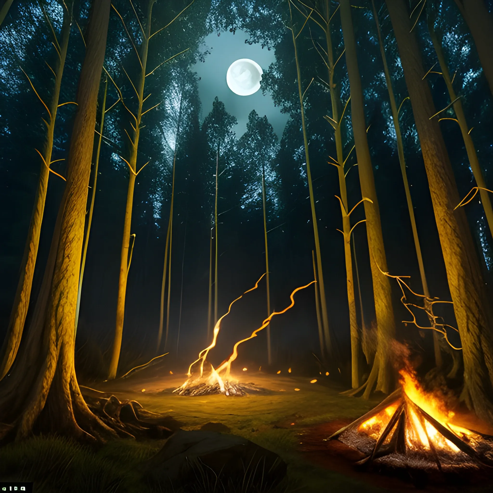 In a small clearing in the ancient elven woods, there was a small clearing. Perfect for setting up camp for the night. A small fire was set up in the centre of the clearing and the black stallion was tied to a tree not far from the fire. The moon shone from above the tree tops, casting moonlight onto the ground below. 