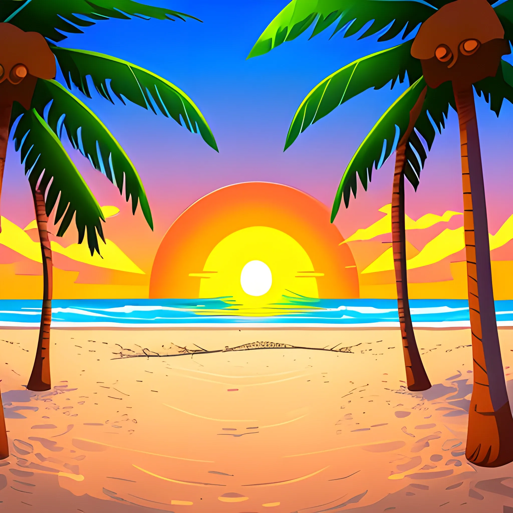 cartoon 2d retro sunset at the beach, include board walk, include palm trees, no people, empty beach,  landscape view