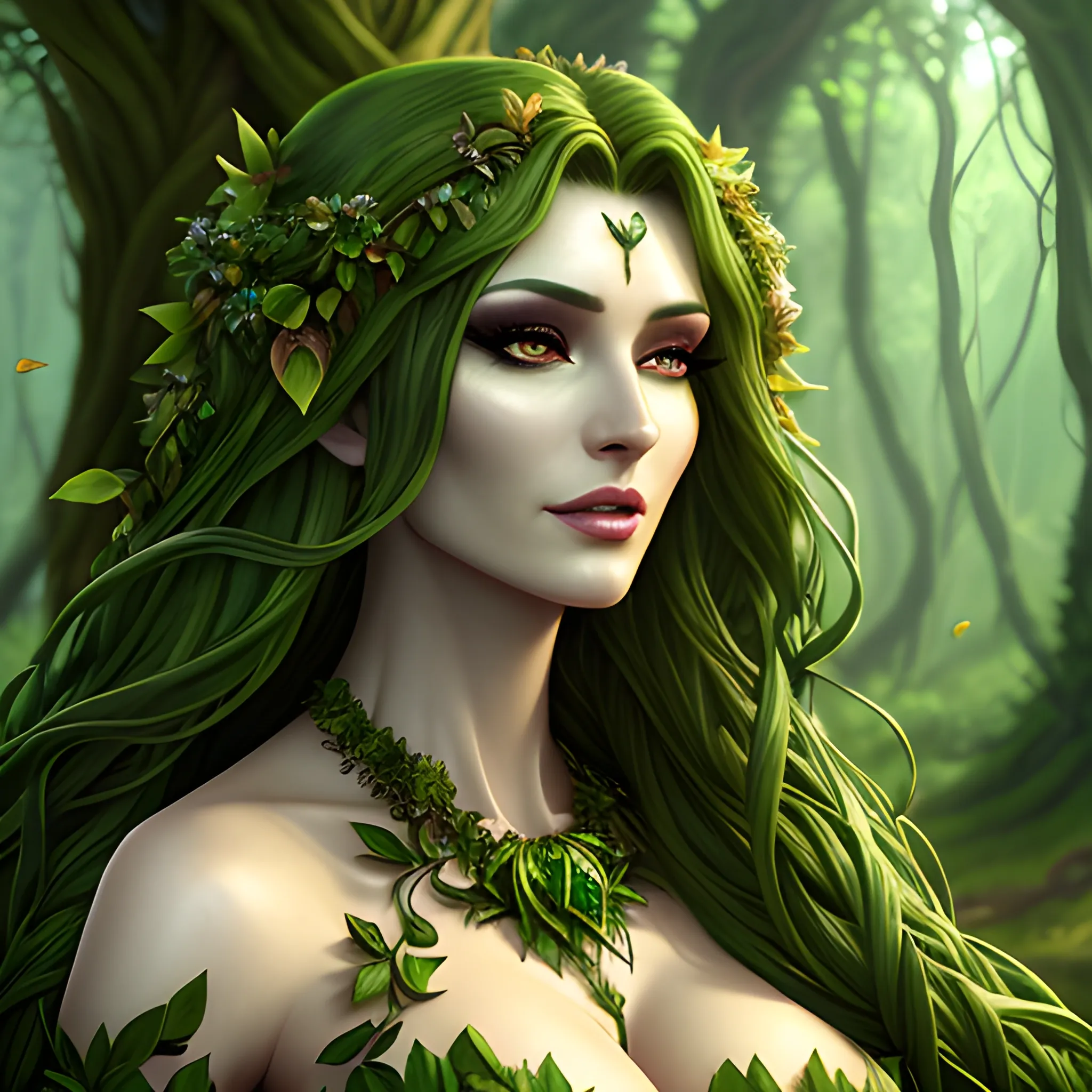 Beautiful woodland background, Attire made of plants leaves and vines, a green skinned dryad woman with hair blowing in the wind, flowers in her hair, full body view, dryad girl, solo, long hair blowing in the wind, looking at viewer, green hair, cascading hair, long hair, vines woven into long hair, druid, green dryad druid, standing, druid outfit made of vines and leaves, billowing in the breeze, hair long, green skin, lips, nature, forest, realistic, DeviantArt, highly detailed, highly detailed, dof, fantasy, beautiful flower background, dynamic, lighting, award winning, crisp quality, league of legends art, hyper detailed, 4k resolution, highly detailed background, busty, subtle, metallic necklace, side view.