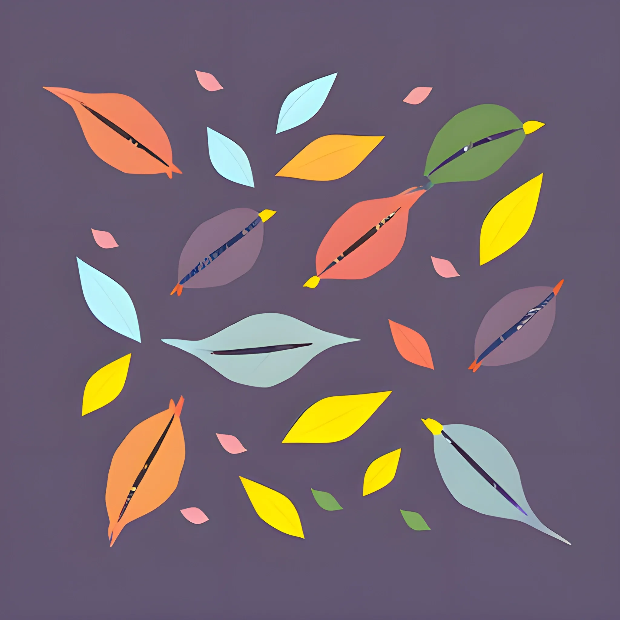 birds of many colors, the wind, scared, hidden, cry, flying, minimalist illustration, leaf module, simple,