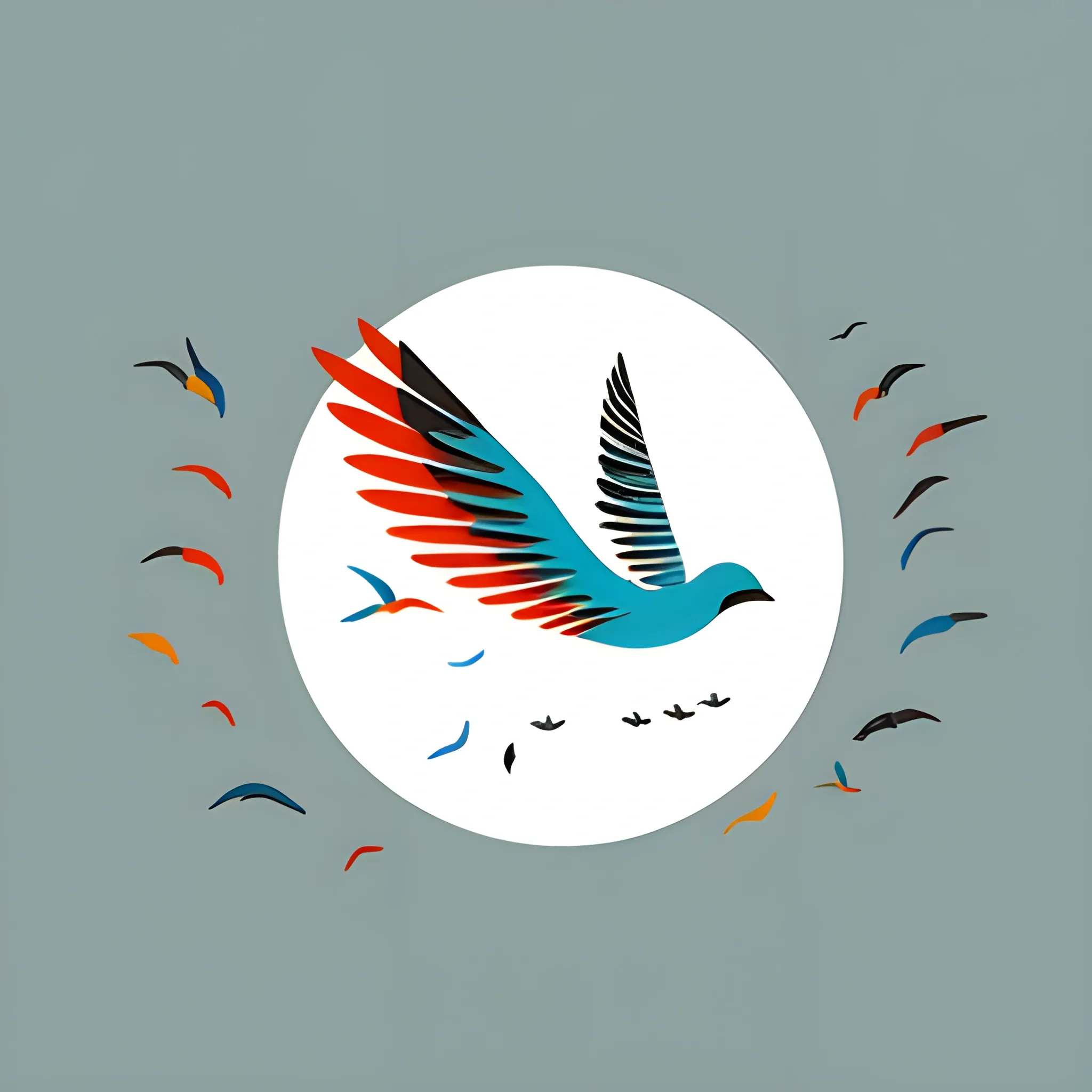 birds of many colors, the wind, scared, hidden, cry, flying, minimalist illustration, simple,