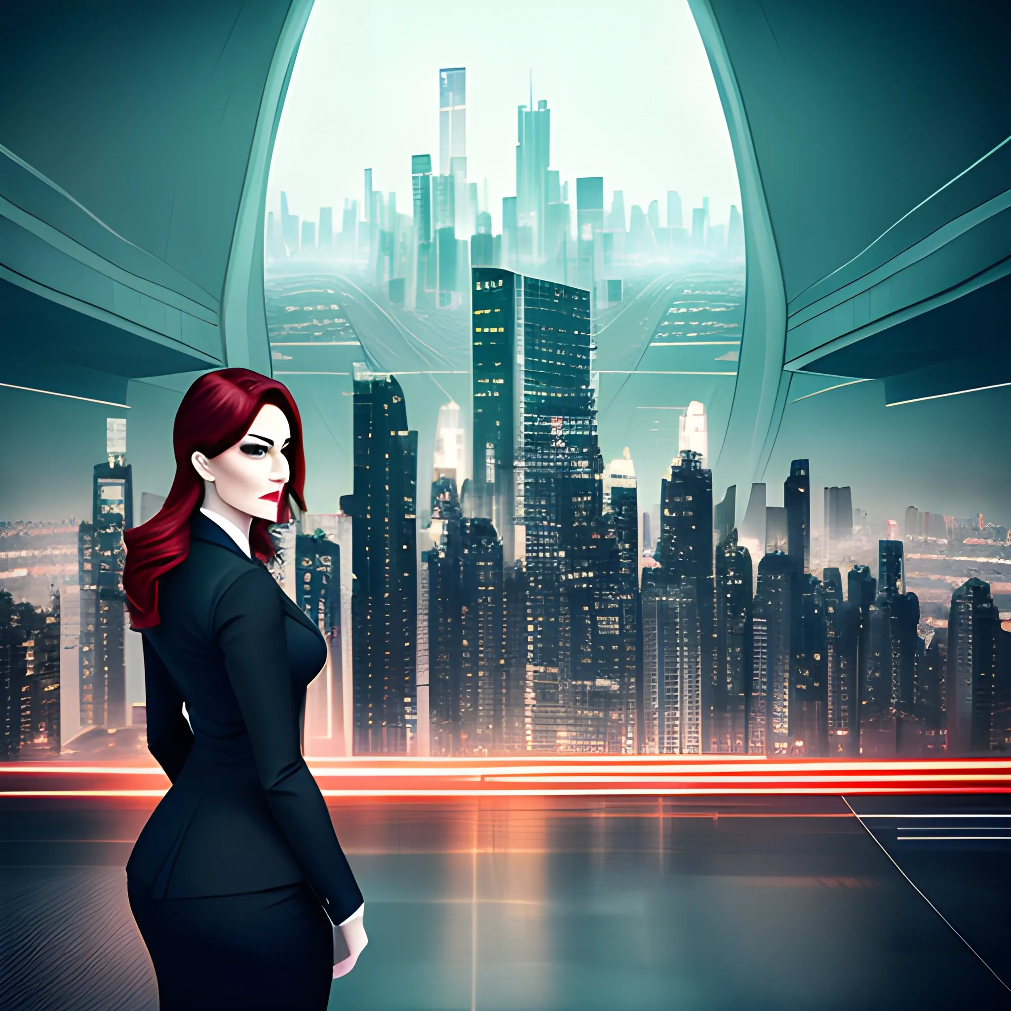 Create a stylized portrait of an entrepreneur girl against a city skyline. Use dramatic lighting and post-processing techniques to create a futuristic look.