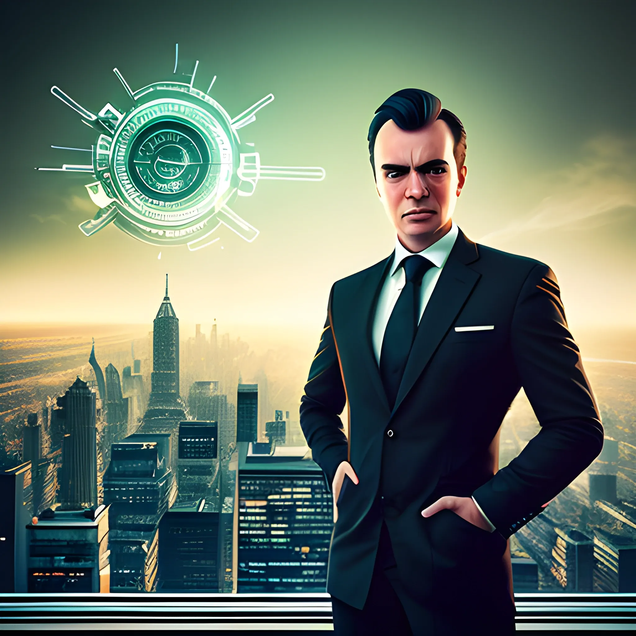 Create a stylized portrait of an entrepreneur against a city skyline. Use dramatic lighting and post-processing techniques to create a futuristic look.