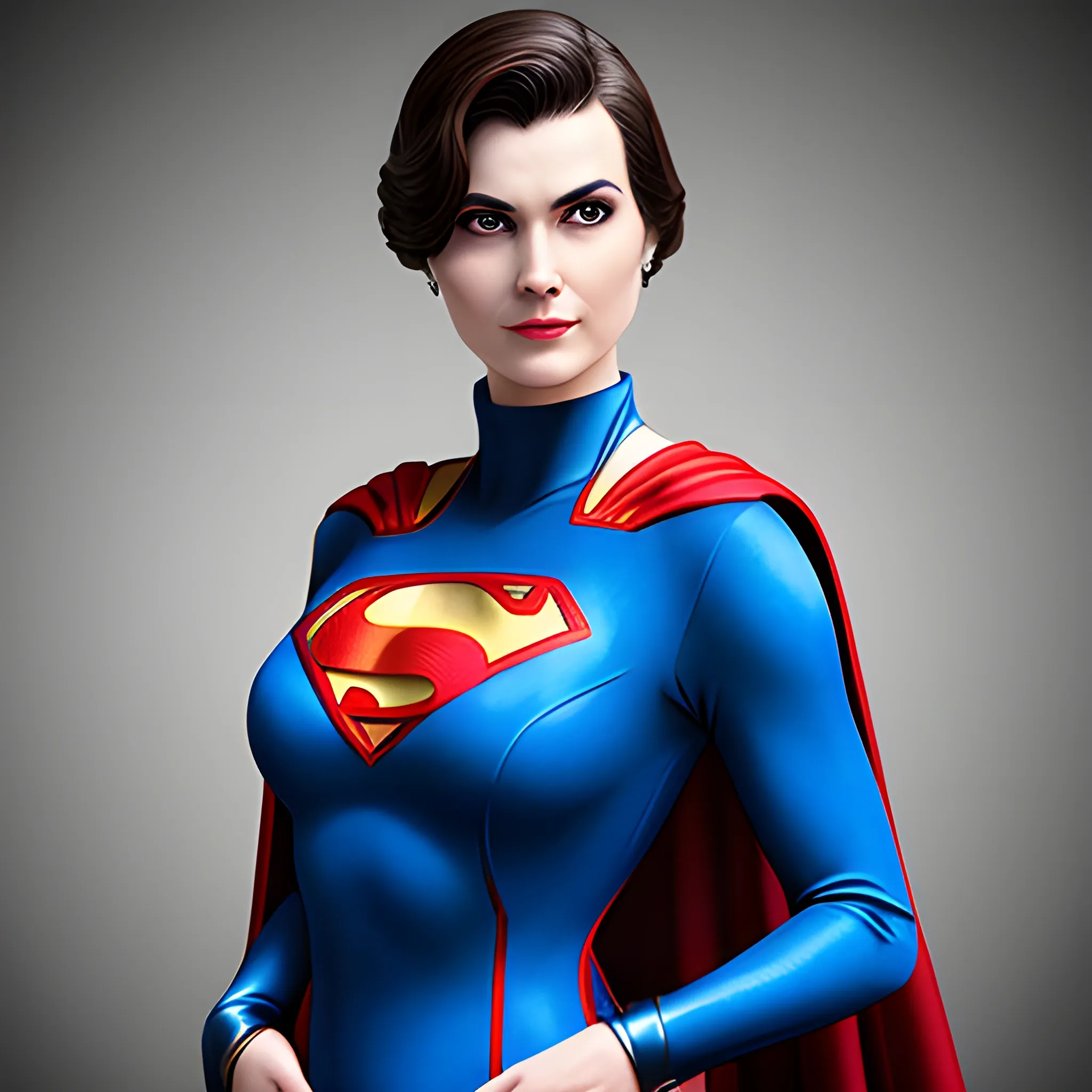 An elegant lady wearing a Superman costume, eye-catching detail, realistic ultra-detailed